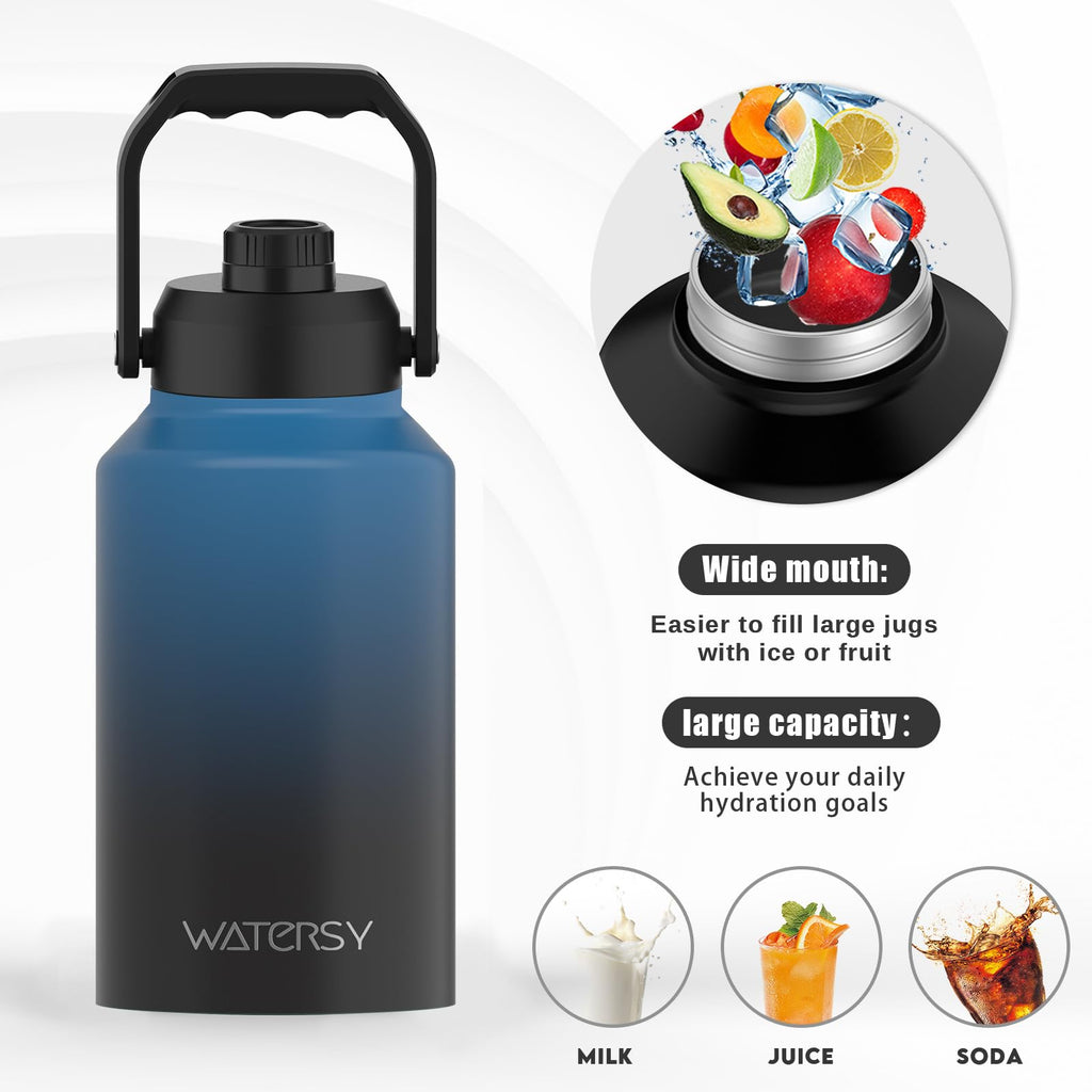 WATERSY Half Gallon Water Bottle Insulated(Cold for 48 Hrs),BPA Free&Leak Proof,64oz Stainless Steel Water Jug/Flask,Big thermo,Large Water Bottle with Handle for Gym,Hiking,Camping,Black