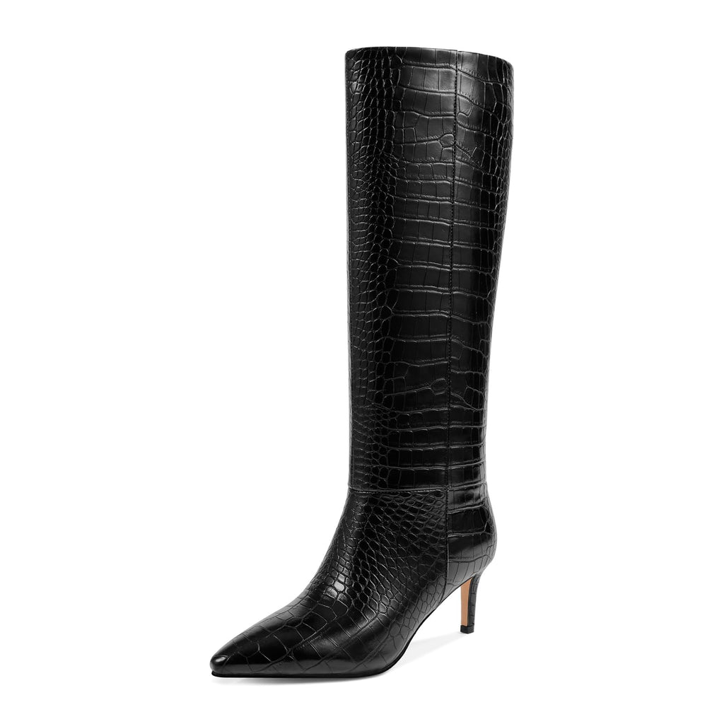 wetkiss Knee High Boots for Women - Pointed Toe Kitten Heel & Crocodile, Side Full Zipper for Easy Wear, All-Day Comfort Boots for Work, Party and Daily Chic Style