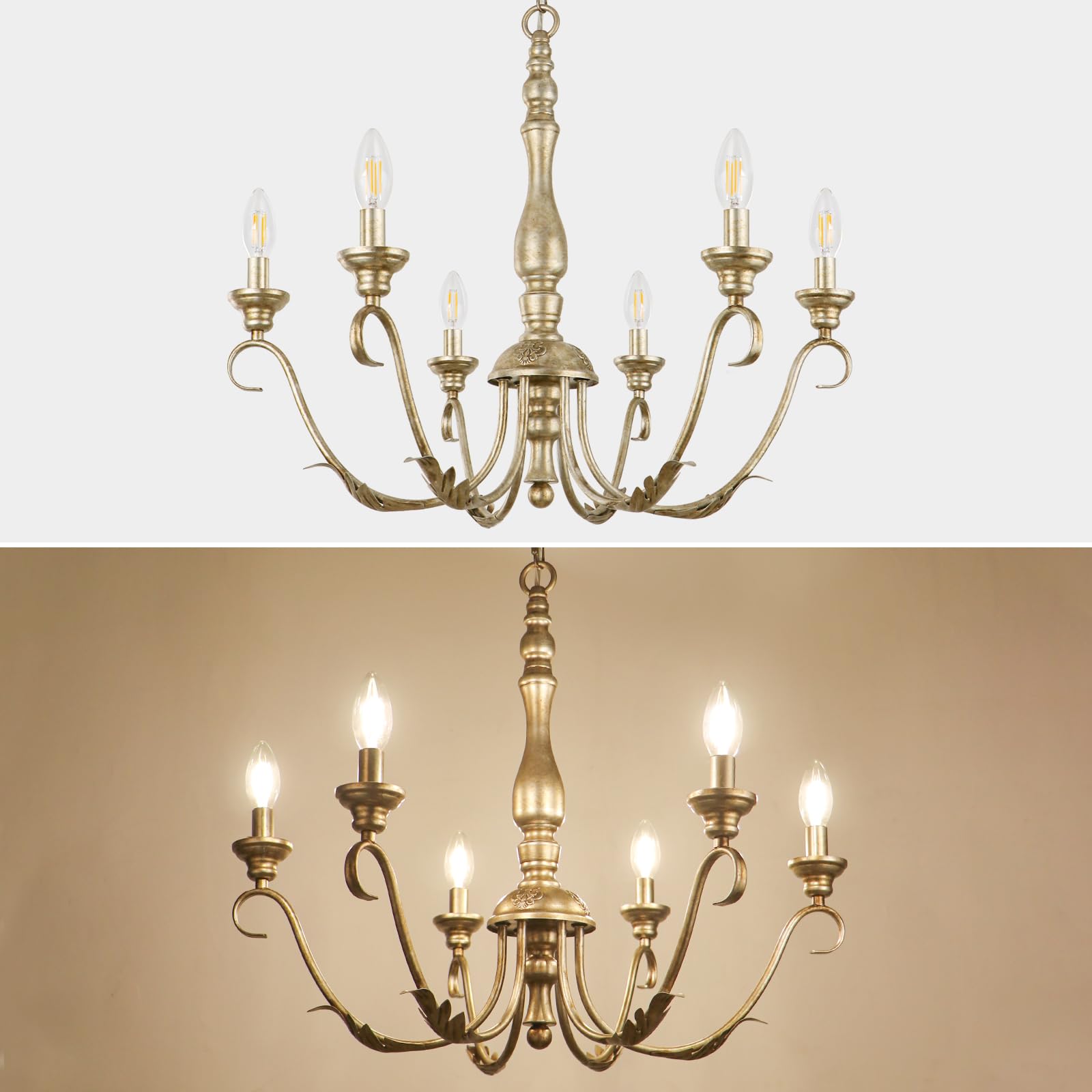 6-Light Farmhouse Chandeliers for Dining Room, 23.62'' Vintage Brass Gold Chandelier, Adjustable Rustic Metal Hanging Pendant Light Fixture for Kitchen Island Entryway Foyer Bedroom Hallway