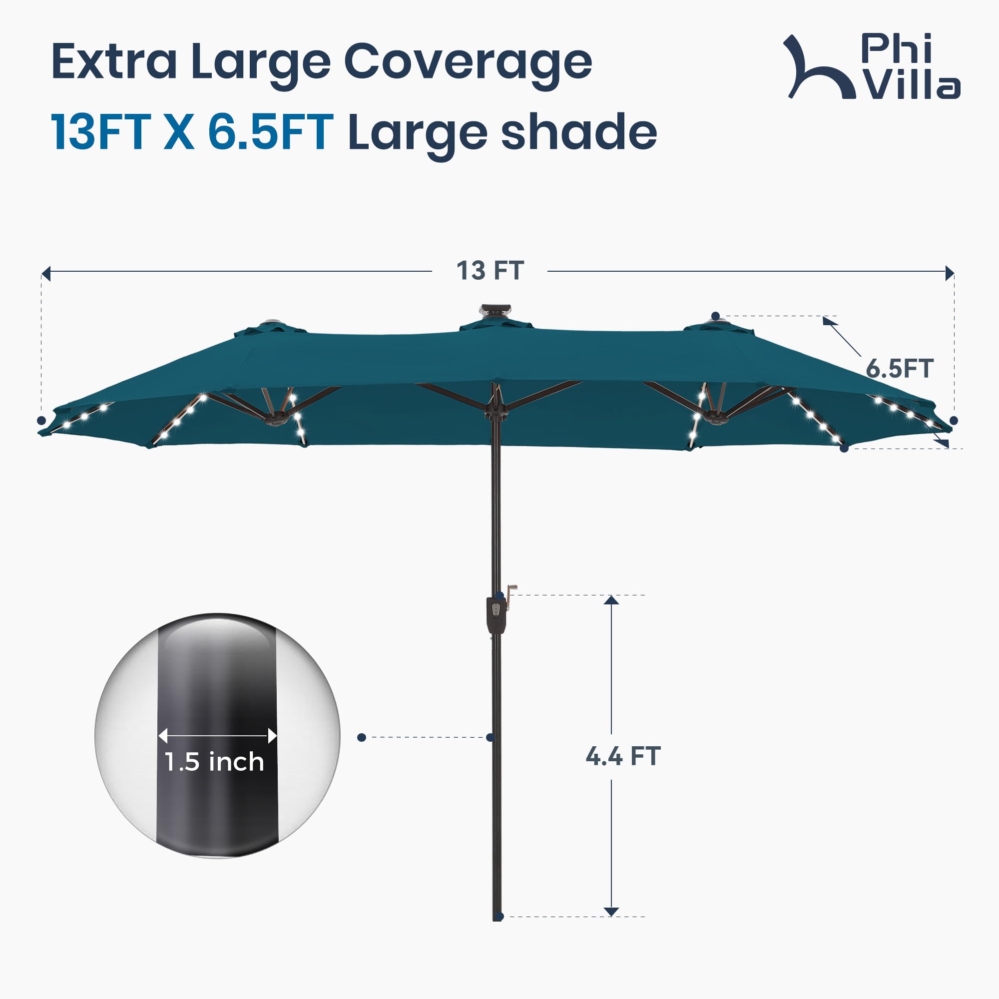 PHI VILLA 13ft Patio Umbrella with Solar-Powered 120 PCS LED Color-Changing Lights, Triple-Head Large Rectangle Umbrella Outdoor Patio for Table with Crank Lift,Beige(No Base)
