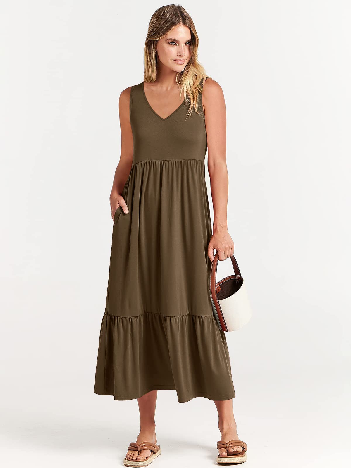 ANRABESS Women Summer Maxi Dresses A-line Tiered Flowy V Neck Sleeveless Swing 2026 Casual Beach Travel Sundress with Pockets