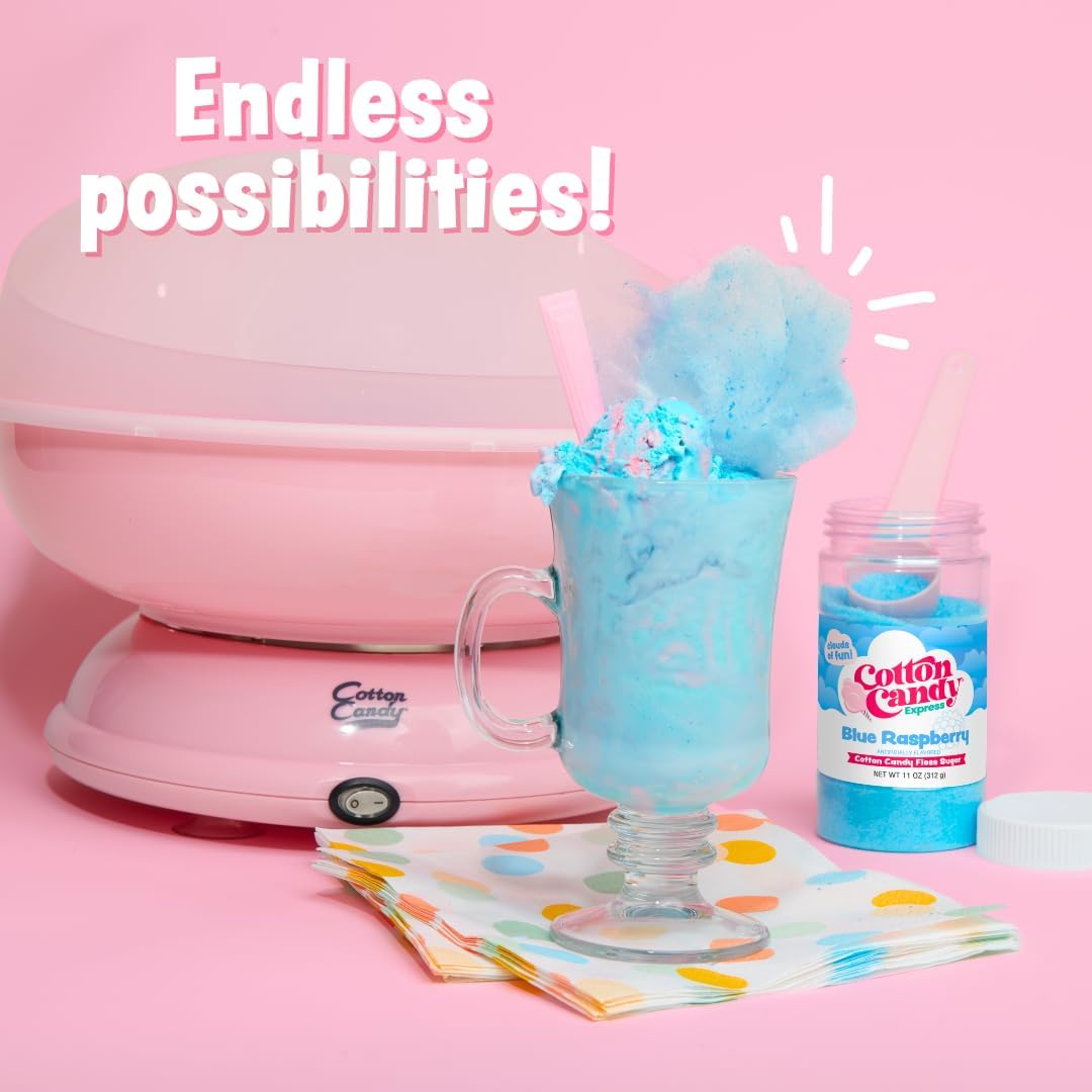 Cotton Candy Express Floss Sugar Variety Pack with 3 - 11oz Plastic Jars of Cherry, Blue Raspberry & Grape Flossing Sugars Plus 50 Paper Cotton Candy Cones