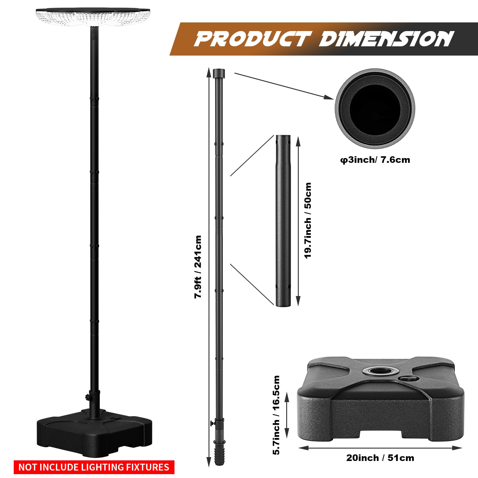 Outdoor Light Pole with Fillable Base, 8ft Cast Iron Lamp Post, 5-Section Heavy Duty Adjustable Pole for Garden, Yard, Pathway & Parking Lot, Portable Sand/Water Box Street Light Stand