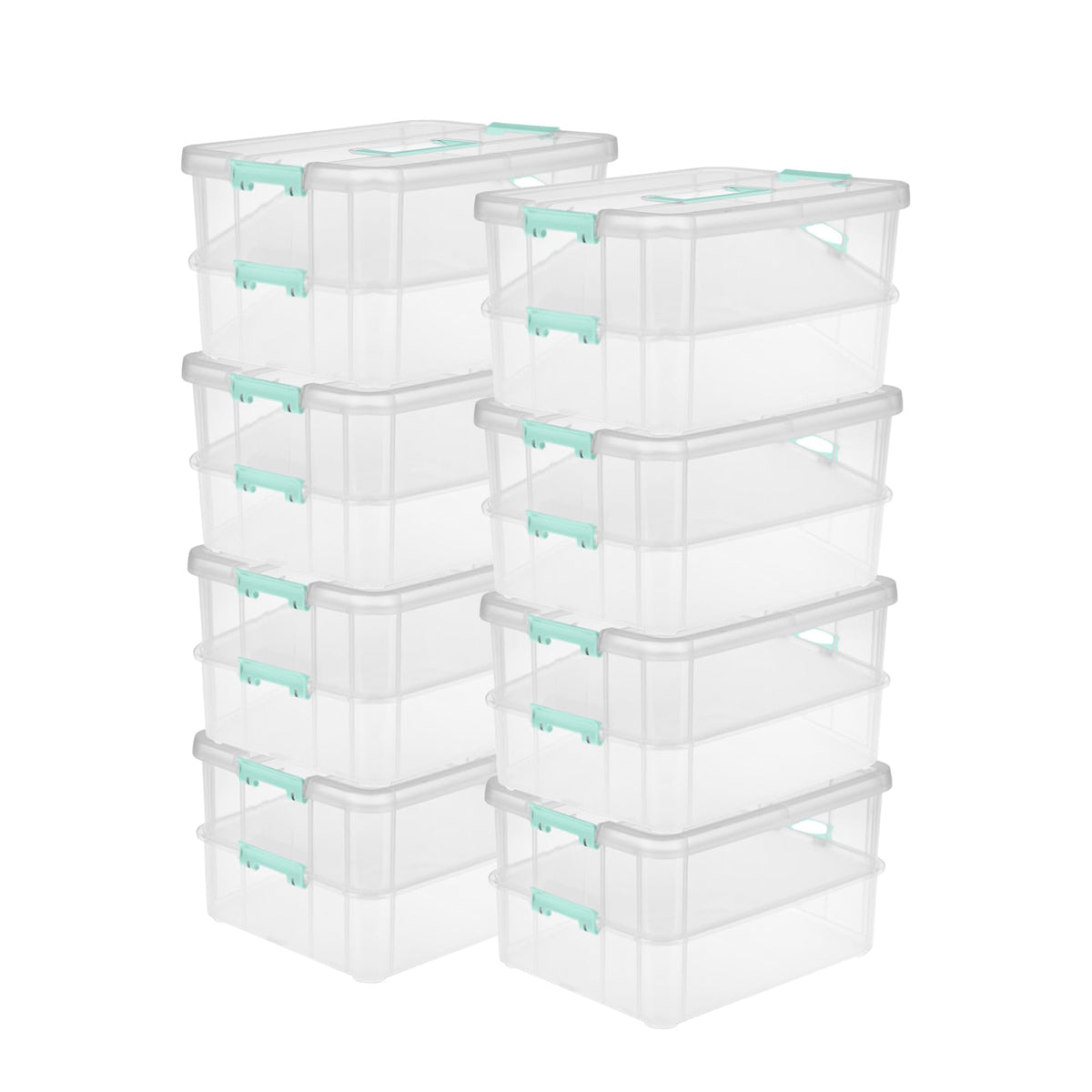 Sterilite 4-Pack Stack & Carry, 2 Layer Handle Box for Home & Office Storage - Clear Base & Lid with Color Latches, Organizer for Art & Craft Supplies, Sewing Tools or 8.5" x 11" Paper