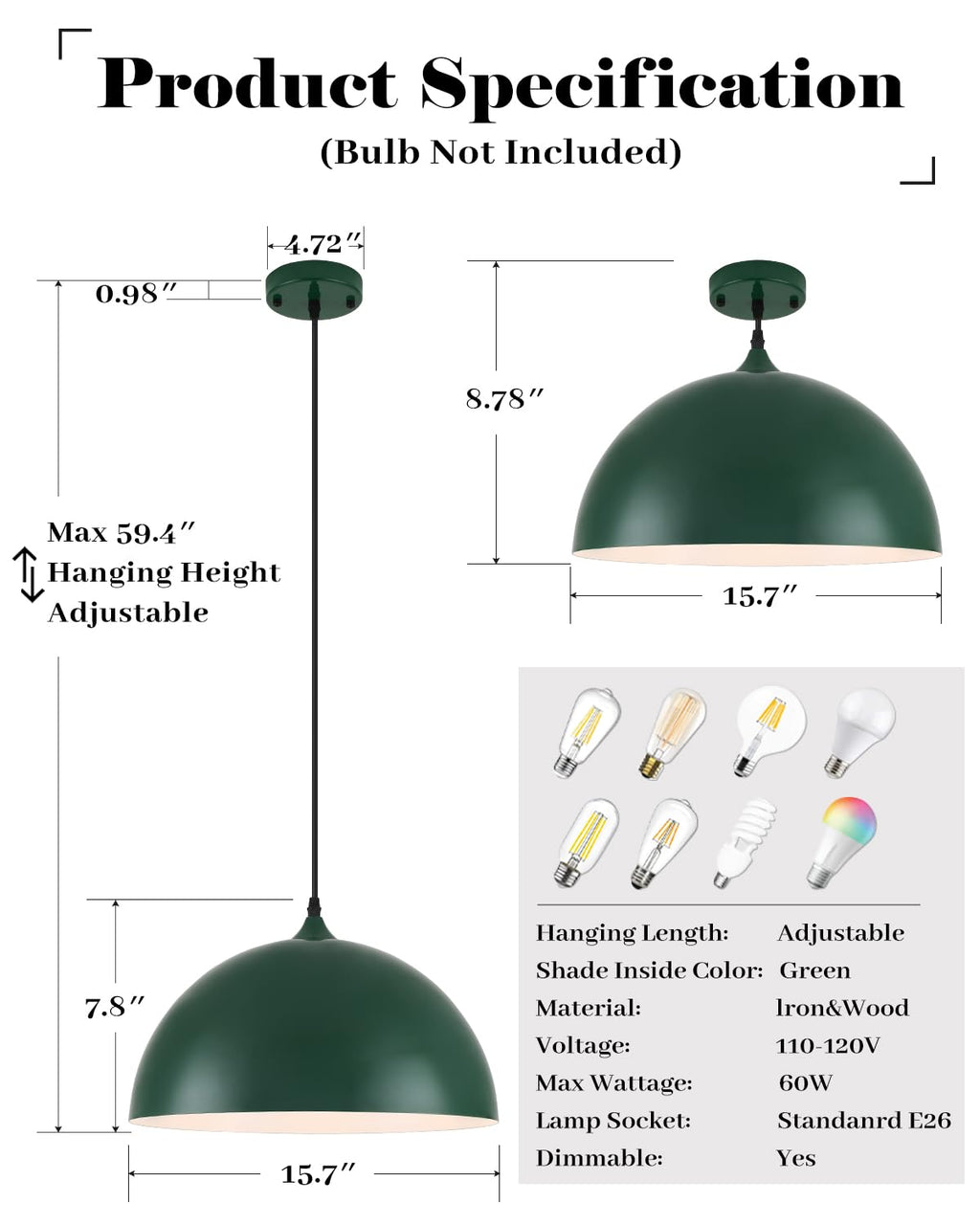 White Pendant Lights, 11.8 inch Pendant Lights Kitchen Island, Farmhouse Pendant Light Fixtures (White Inside), Industrial Pendant Lighting for Dining Room, Bedroom, Hallway (1 Pack)