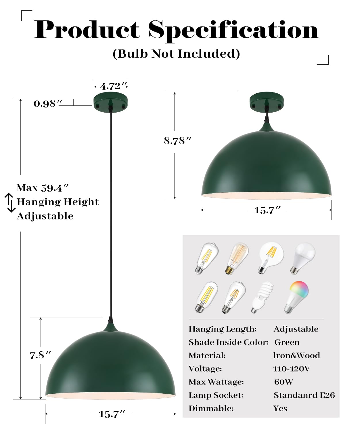 White Pendant Lights, 11.8 inch Pendant Lights Kitchen Island, Farmhouse Pendant Light Fixtures (White Inside), Industrial Pendant Lighting for Dining Room, Bedroom, Hallway (1 Pack)