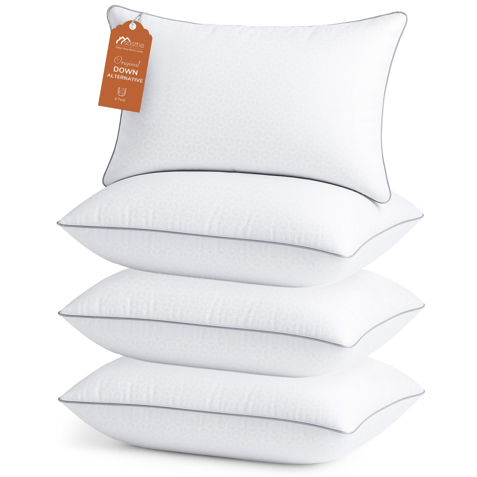 Sasttie Firm Pillows Standard Size Set of 4, Full Size Bed Pillows for Side, Back, and Stomach Sleepers - Oeko-Tex Certified Down Alternative Plump Filling - Hotel Quality and Machine Washable, 4 Pack