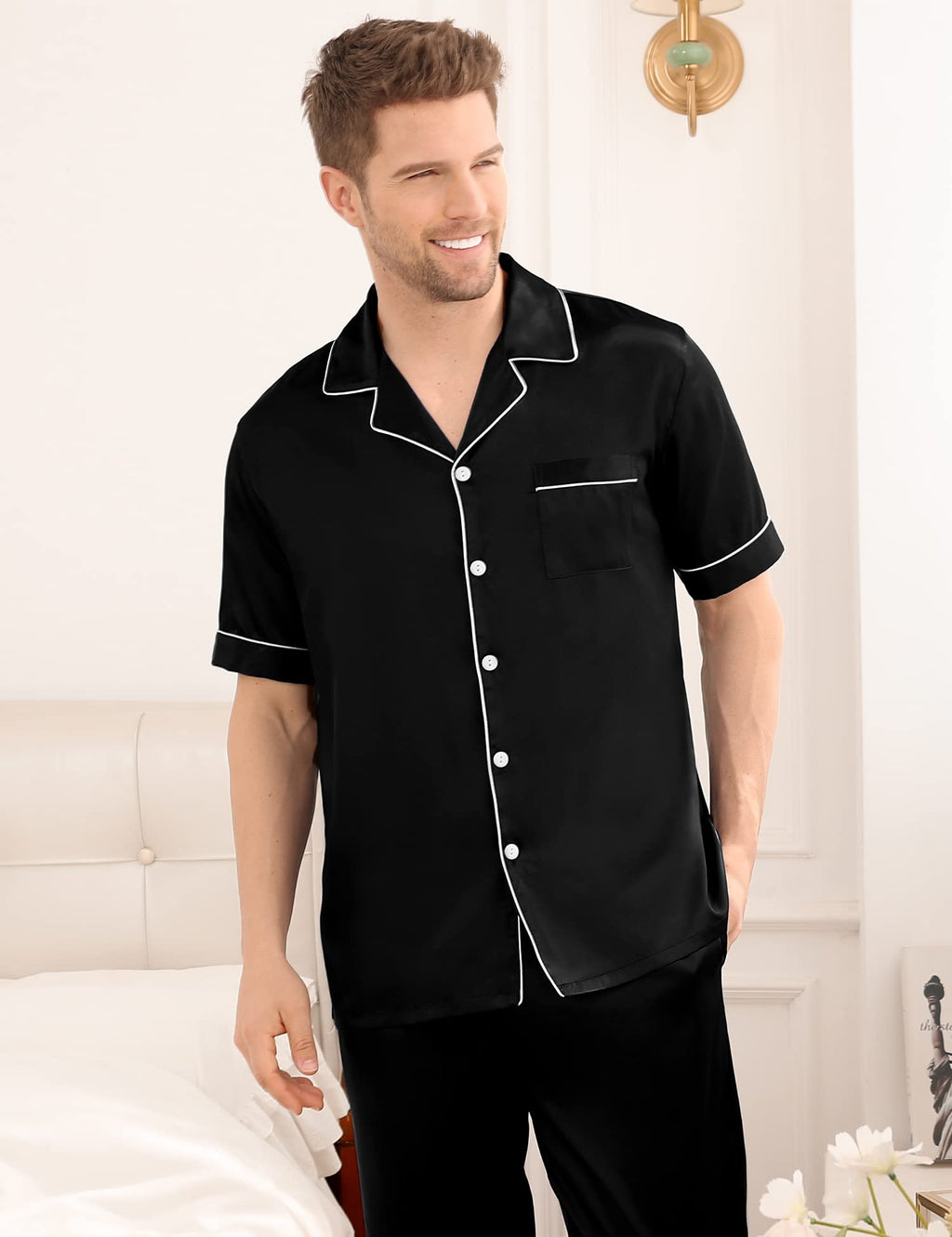 SWOMOG Mens Satin Pajama Set Short Sleeve Classic Sleepwear Button Down Silky Loungewear with Long Pants
