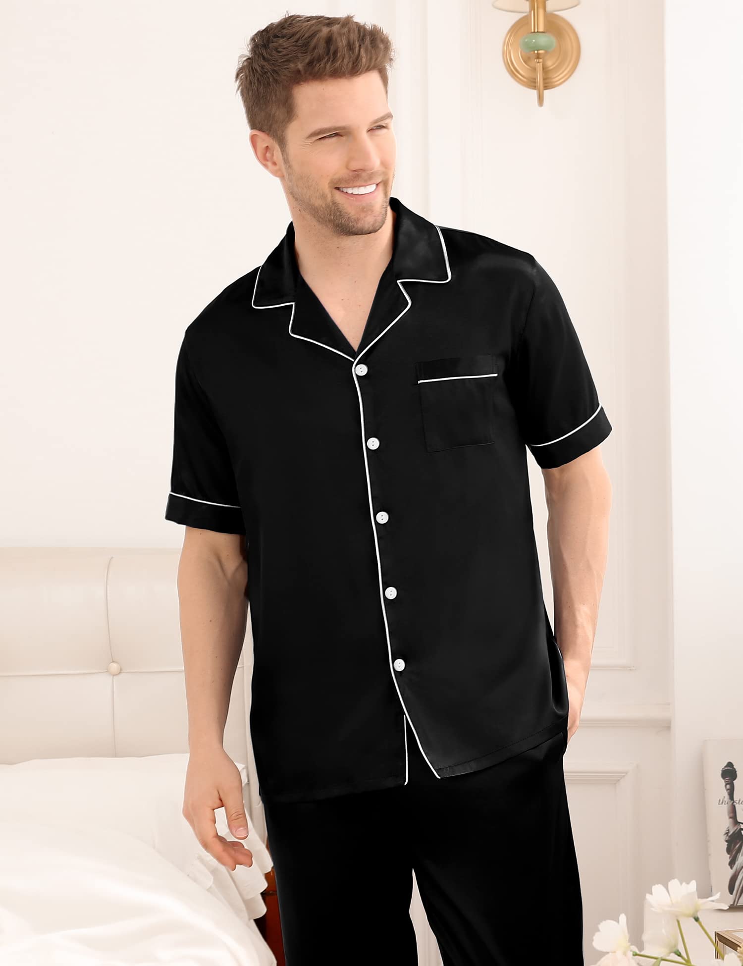 SWOMOG Mens Satin Pajama Set Short Sleeve Classic Sleepwear Button Down Silky Loungewear with Long Pants