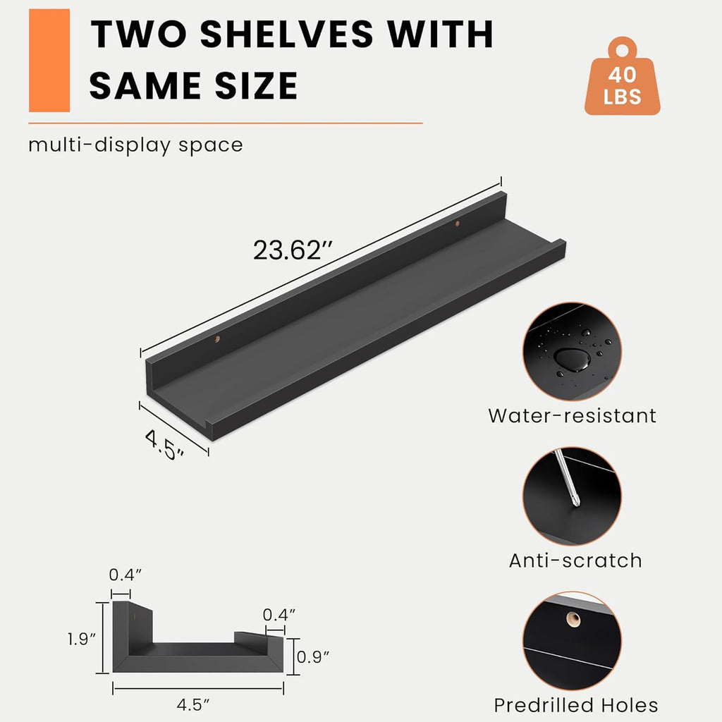 Heimlove Picture Ledge Shelf, Small Floating Shelves Set of 2, 16 Inches Picture Shelf for Wall with Ledge, Kids Bookshelf Wall Mounted for Living Room Bedroom Decor Books Photo Frames, Black