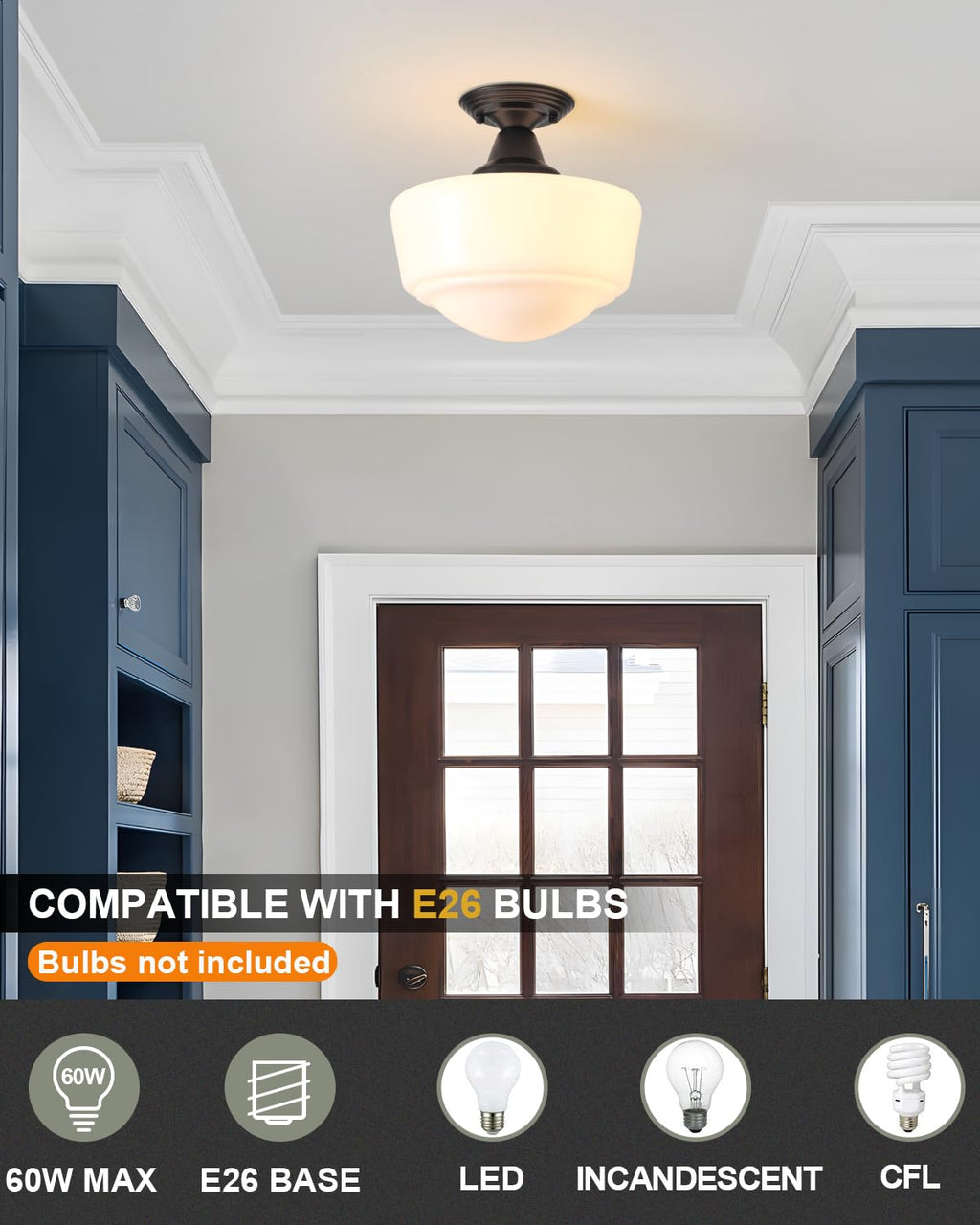 Schoolhouse Light Fixture, 12 Inch Black Finish with Milk Glass Semi Flush Mount Ceiling Light, Ceiling Light Fixture for Kitchen Hallway Entryway (Type C Pendant Light)