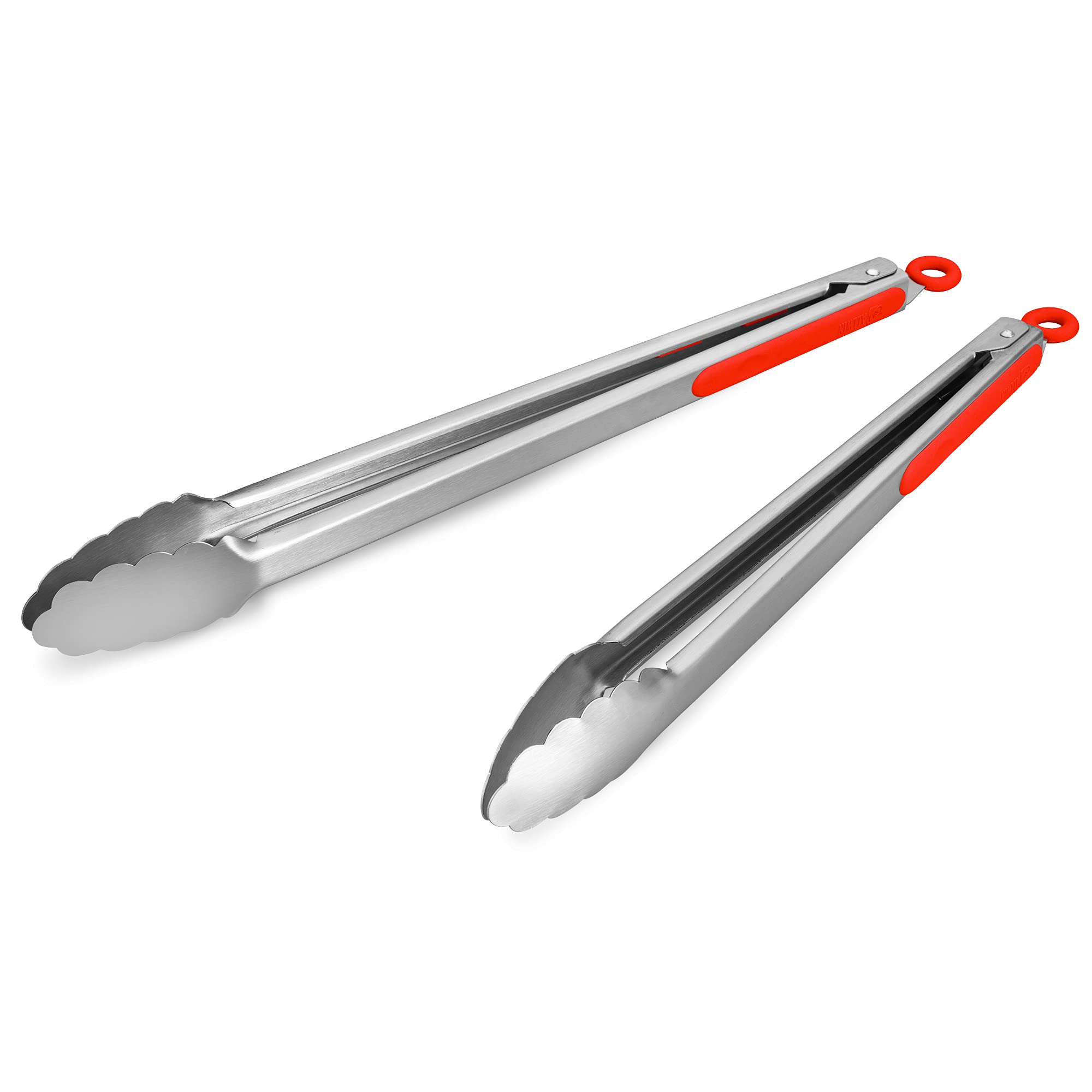 304 Stainless Steel Kitchen Cooking Tongs, 9" and 12" Set of 2 Sturdy Grilling Barbeque Brushed Locking Food Tongs with Ergonomic Grip, Black