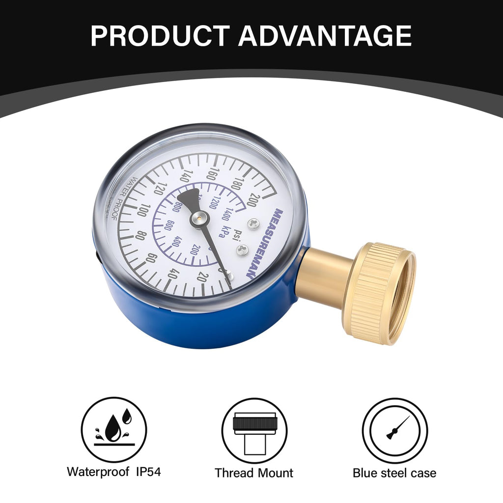 MEASUREMAN 2" Water Pressure Test Gauge, 3/4" Female Hose Thread, 0-200 psi/kpa with Maximum Pressure Memory (Pack of 2)