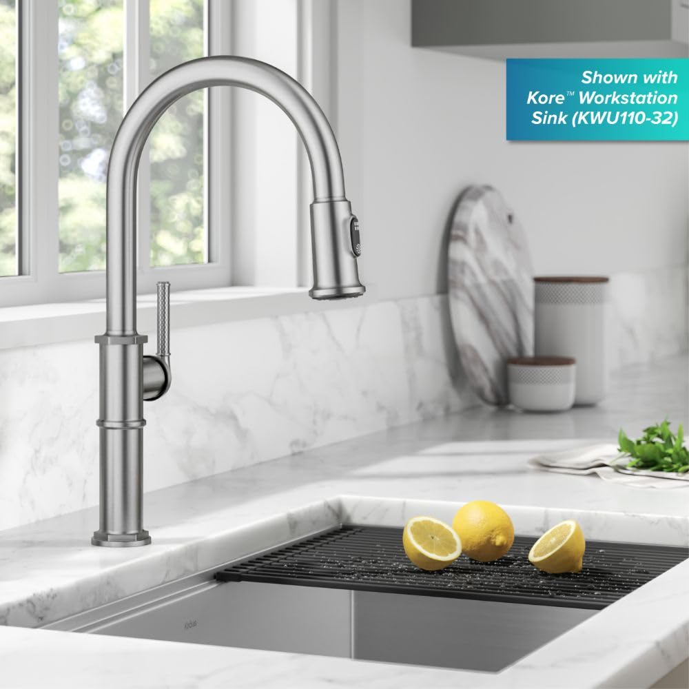 KRAUS Allyn Transitional Bridge Kitchen Faucet with Pull-Down Sprayhead in Brushed Gold, KPF-3121BG