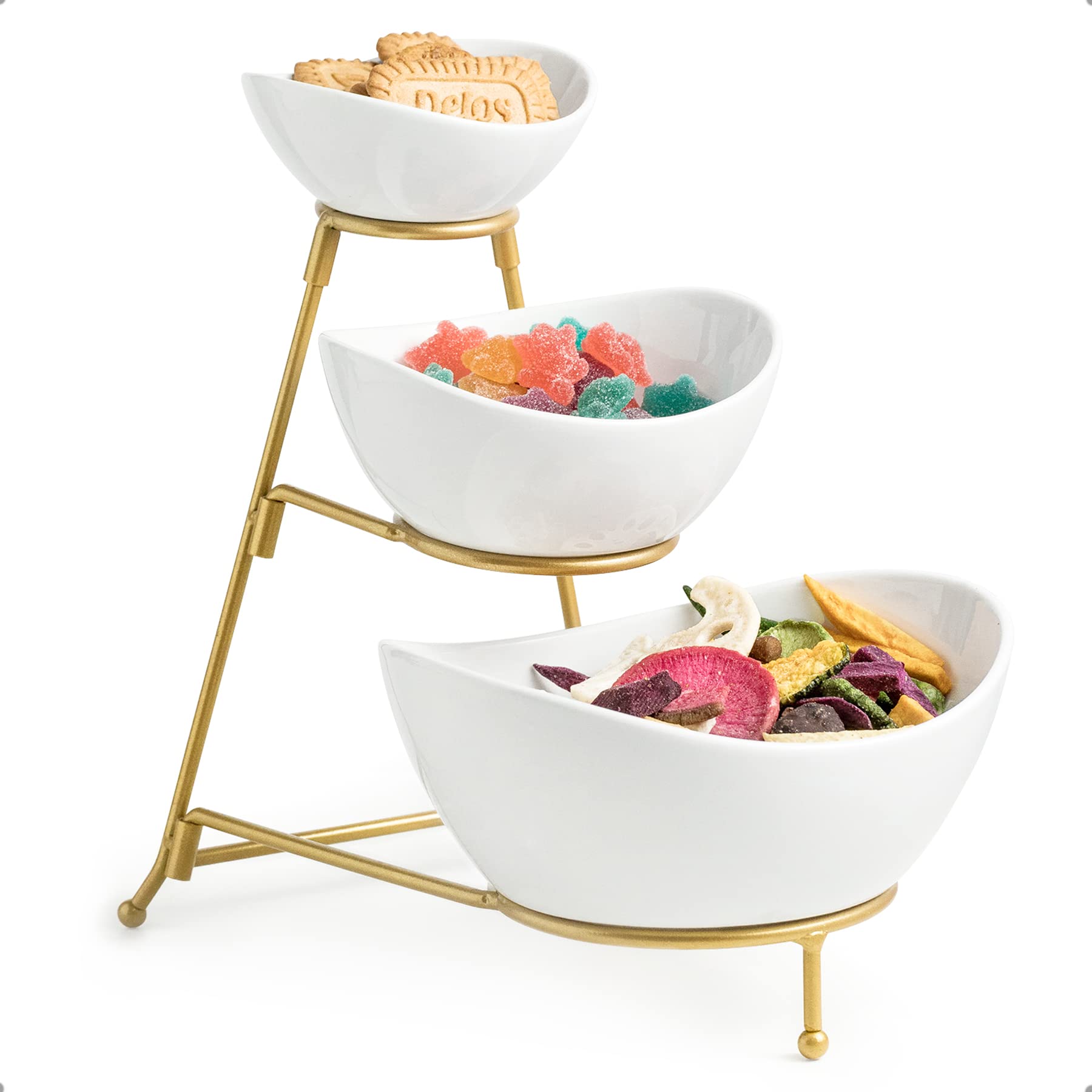 Miamolo 3 Tier Serving Bowls with Stand for Entertaining Party | Ceramic, Chip and Dip Set | Food Display for Fruit Salad Snacks | Space-saving Storage | Microwave & Dishwasher Safe