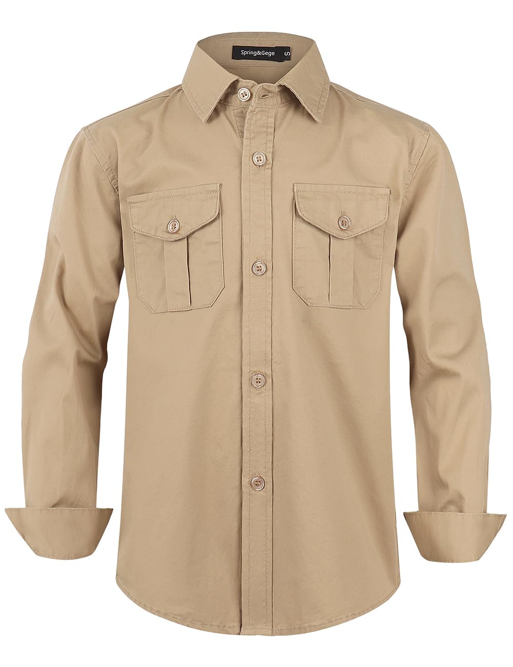 Spring&Gege Boys' Long Sleeve Button Down Shirt for Kids Woven Solid Two Pockets