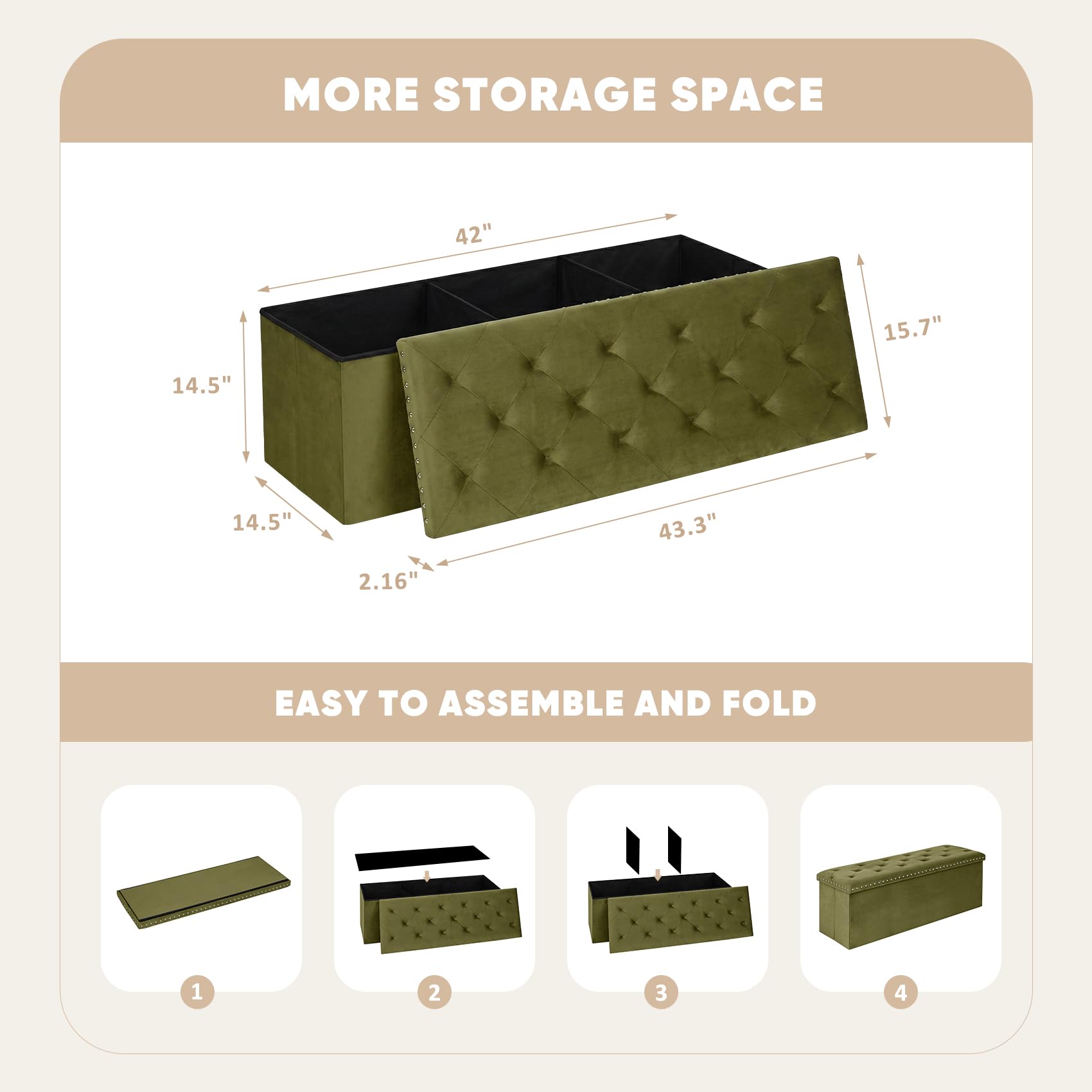 PINPLUS Folding Storage Ottoman Bench, Folding Velvet Tuffed Foot Rest Stool with Rivet, End of Bed Bench Large Long Shoes Chest for Bedroom Entryway Living Room, Beige, 41.3 Inches