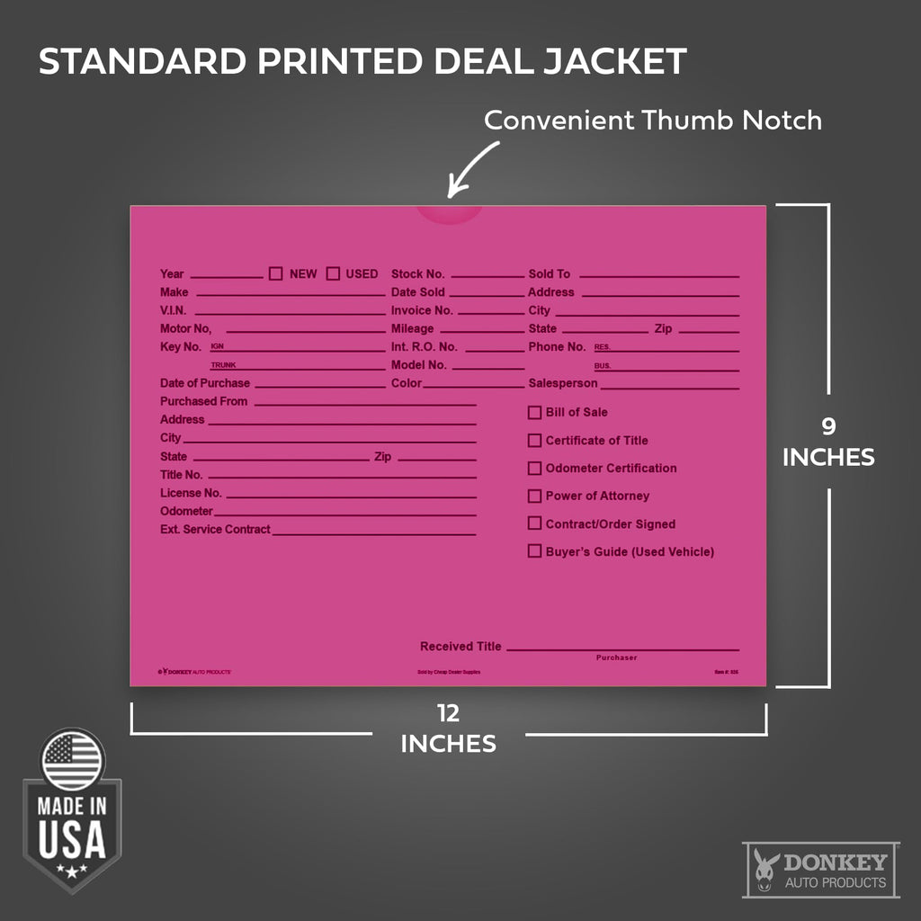 Printed Vehicle Deal Envelopes 9x12 Deal Jackets (100 shrink wrapped) (Blue)