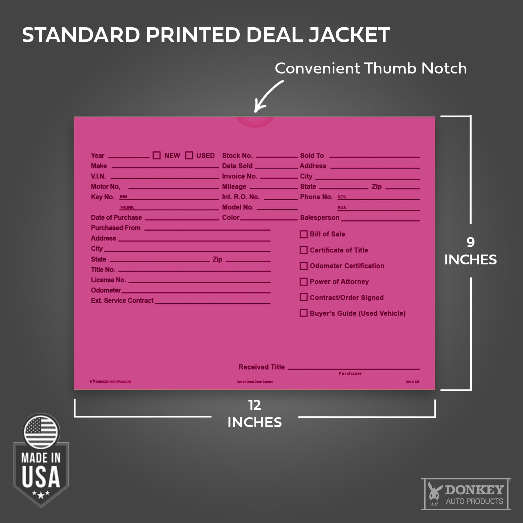 Printed Vehicle Deal Envelopes 9x12 Deal Jackets (100 shrink wrapped) (Blue)