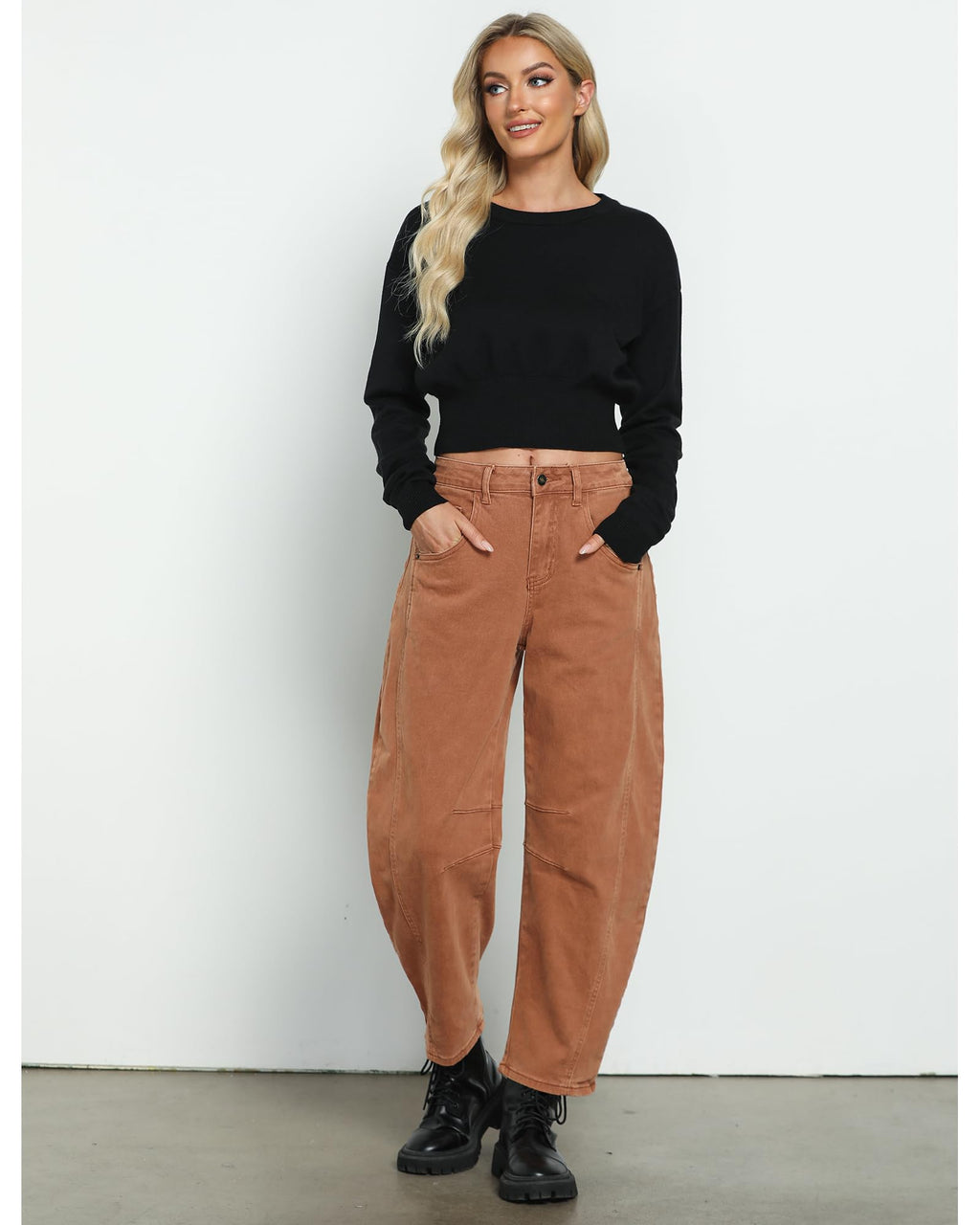 Utyful Barrel Jeans Women Cropped Baggy Trendy High Waisted Distressed Loose Stretch Denim Trouser Jeans with Pockets