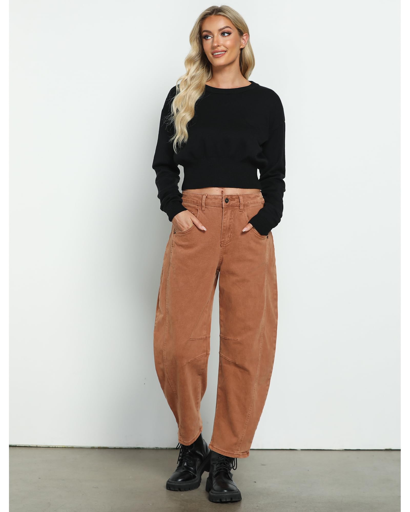 Utyful Barrel Jeans Women Cropped Baggy Trendy High Waisted Distressed Loose Stretch Denim Trouser Jeans with Pockets