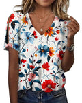 HOTYD Women's Boho Floral Print Ladies Short Sleeve Tops Summer Blouses Dressy Casual V Neck Cold Shoulder Tunic Tops