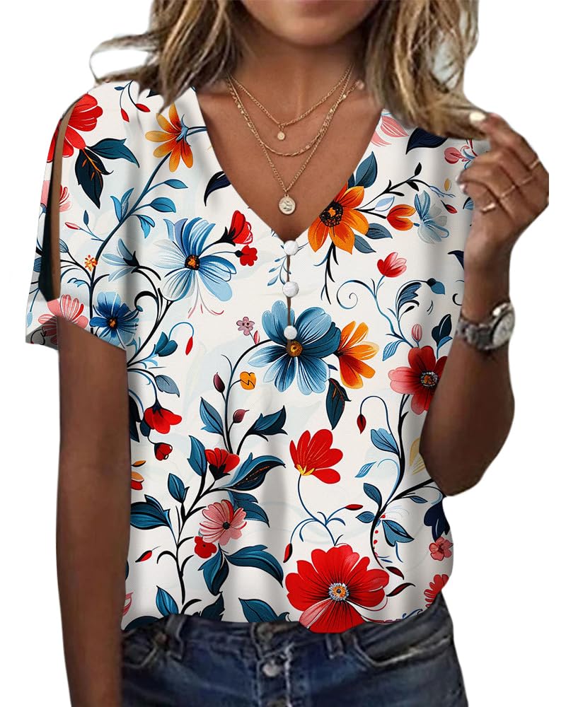 HOTYD Women's Boho Floral Print Ladies Short Sleeve Tops Summer Blouses Dressy Casual V Neck Cold Shoulder Tunic Tops