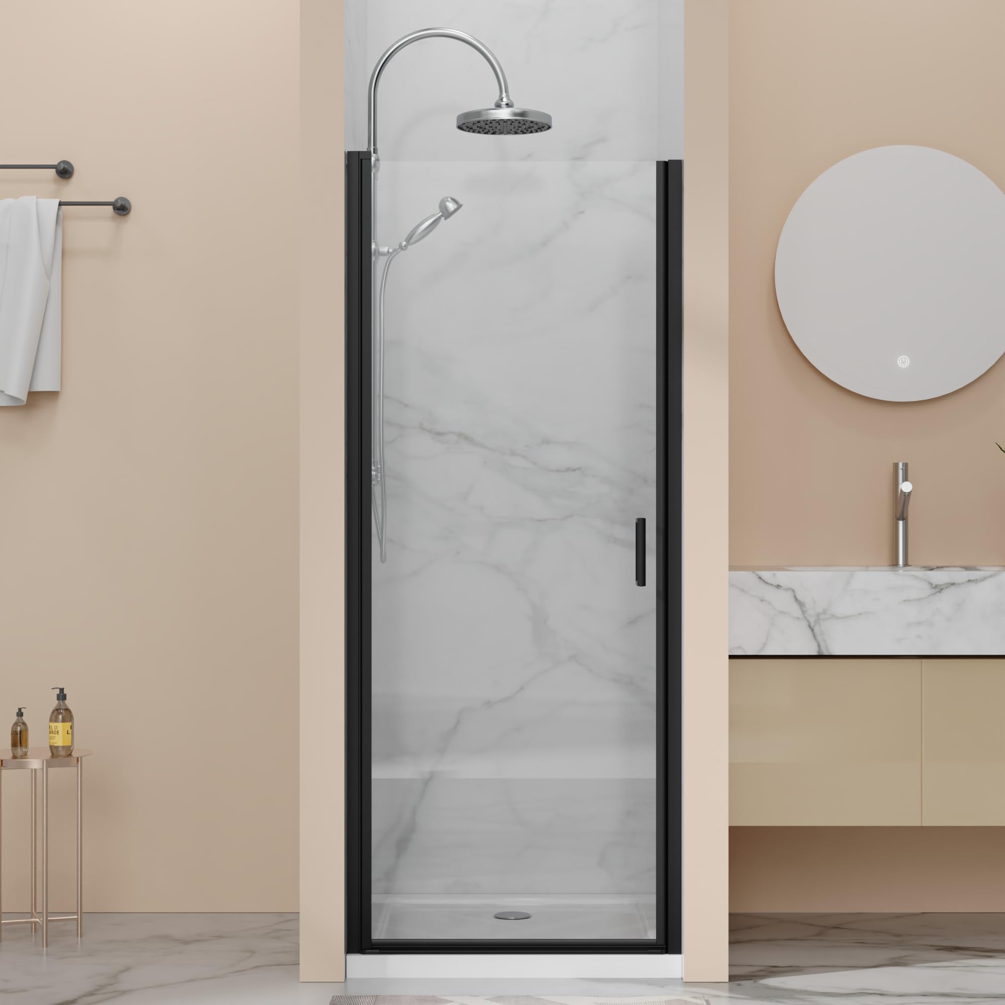 28” x 72” Pivot Shower Door, 1/4 inch Tempered Glass Panel Pivot Swing Shower Door in Matte Black Finish, Semi-Frameless Design