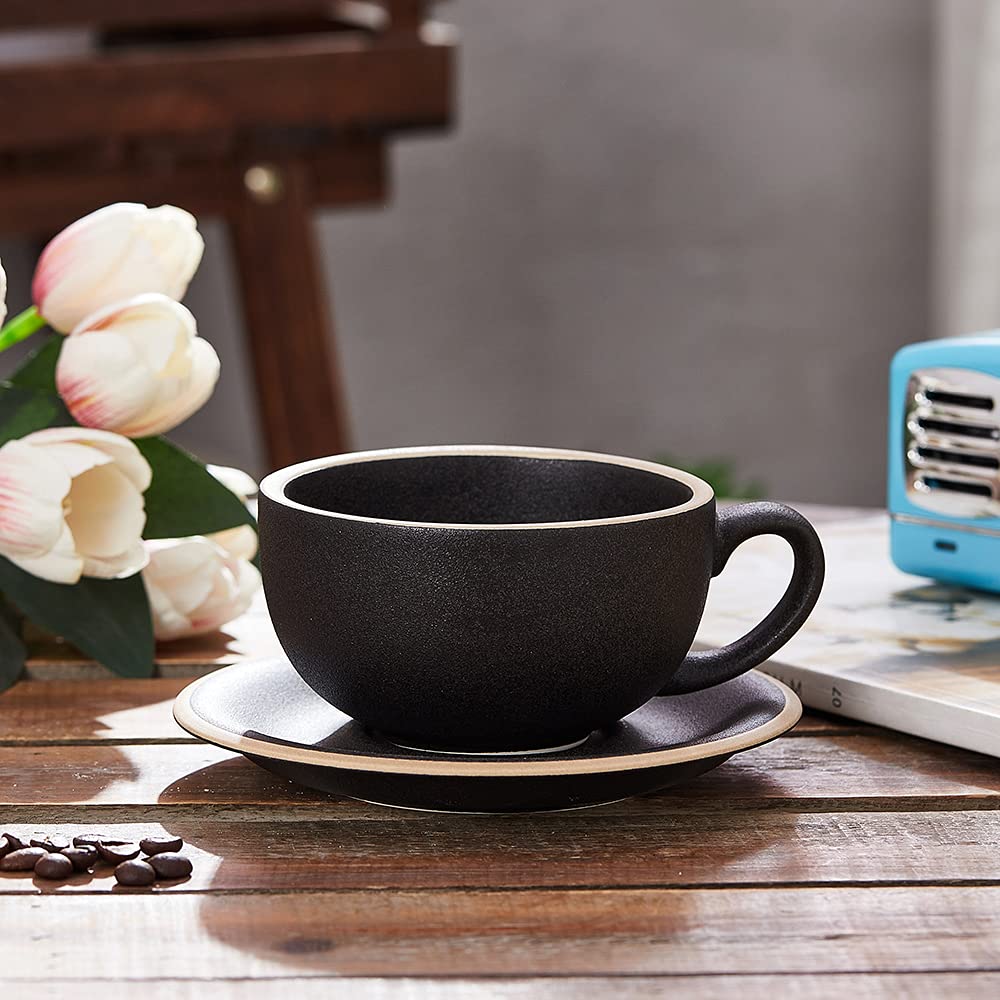 Coffeezone Vintage Design 12 oz Ceramic Latte Art Cappuccino Barista Cup with Saucer (Beige)