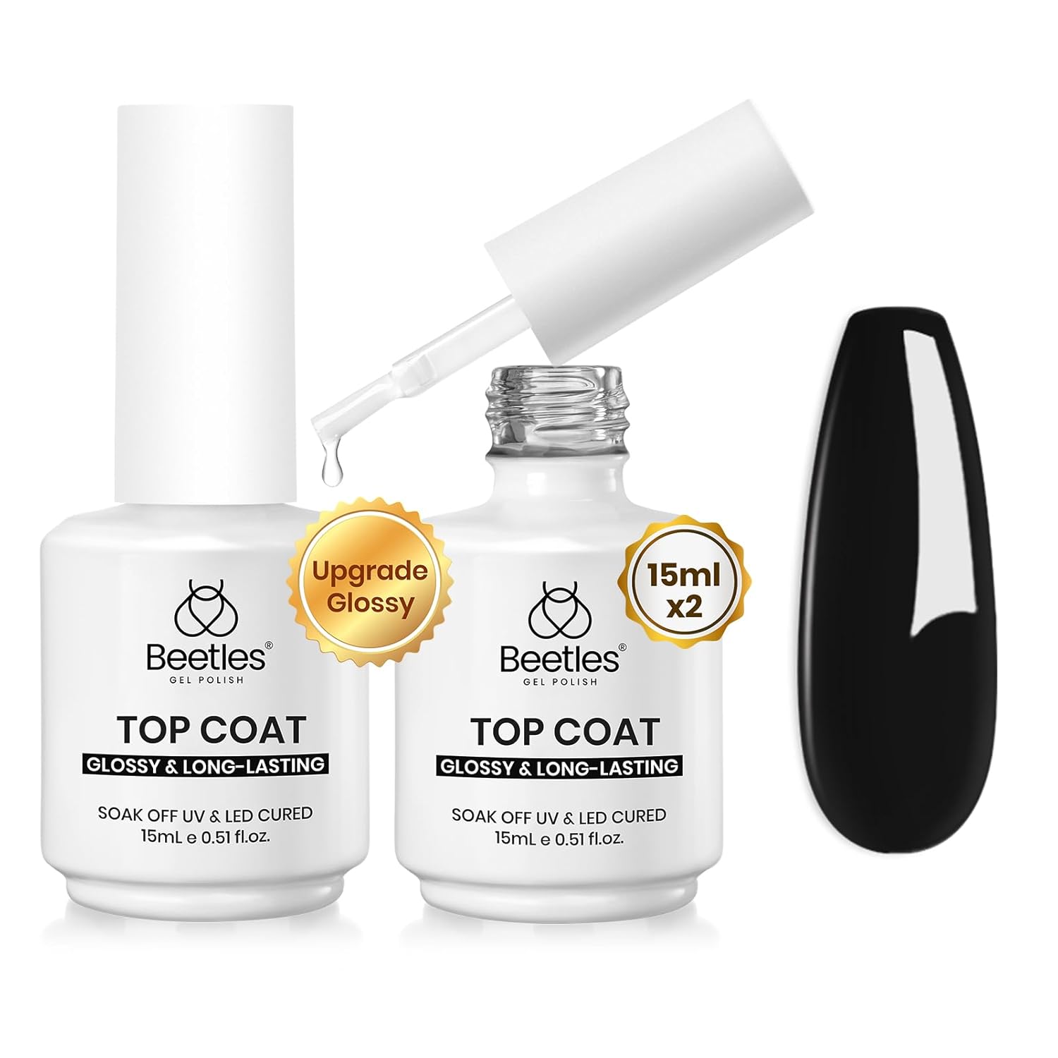 Beetles 2Pcs 15ml Gel Base and Top Coat Set - Upgrade No Wipe Extra Glossy Top Coat Finish for Gel Nail Polish, Soak Off UV/LED Lamp Needed, Essentials for Long-Lasting Manicure Kit