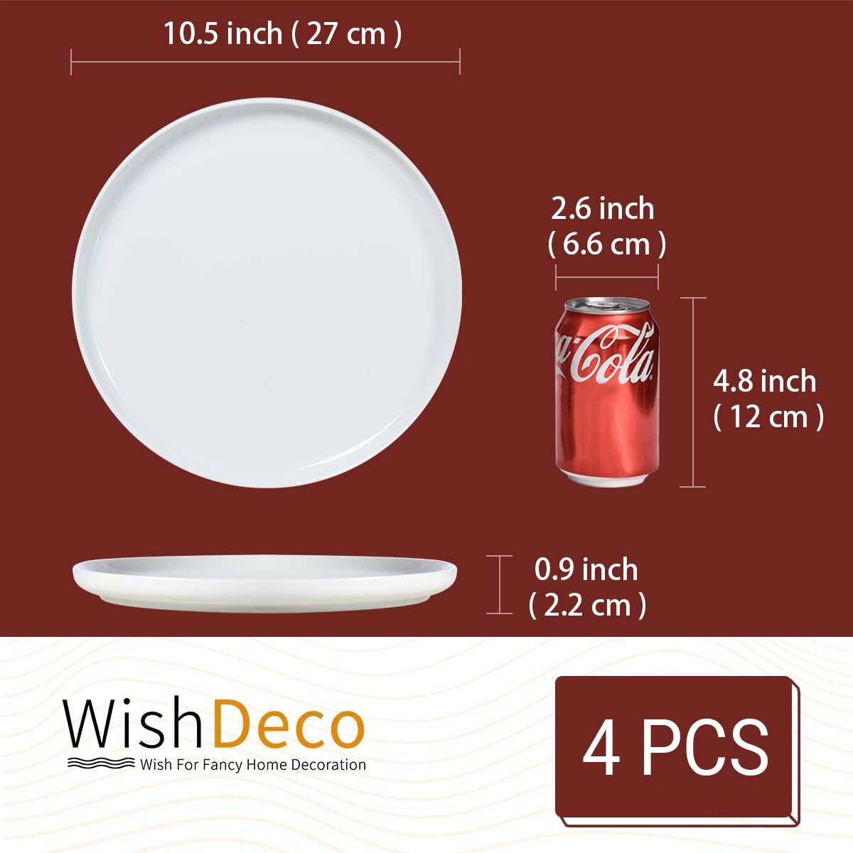 WishDeco White Dinner Plates Set of 4, Ceramic Dining Plates 10.5 inch, Large Salad Plate, Porcelain Kitchen Plate for Pizza, Steak, Microwave and Dishwasher Safe