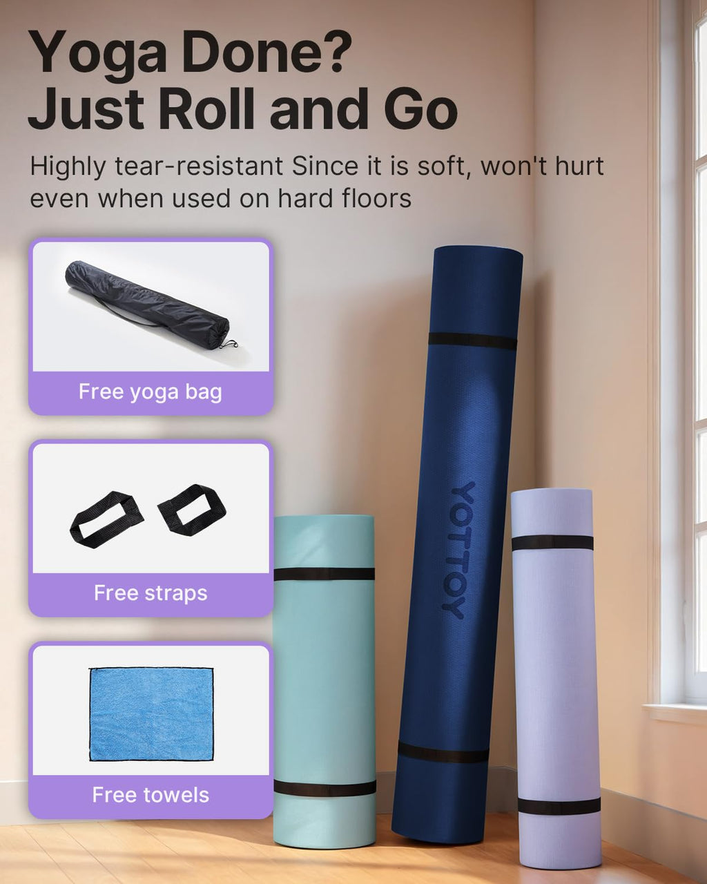 YOTTOY Large Yoga Mat (75 * 52 * 1/2inch),Extra Wide TPE Exercise Mat,Non-Slip Workout Mat for Pilates, Fitness, Barefoot, Home Gym Studio with Strap and Towel