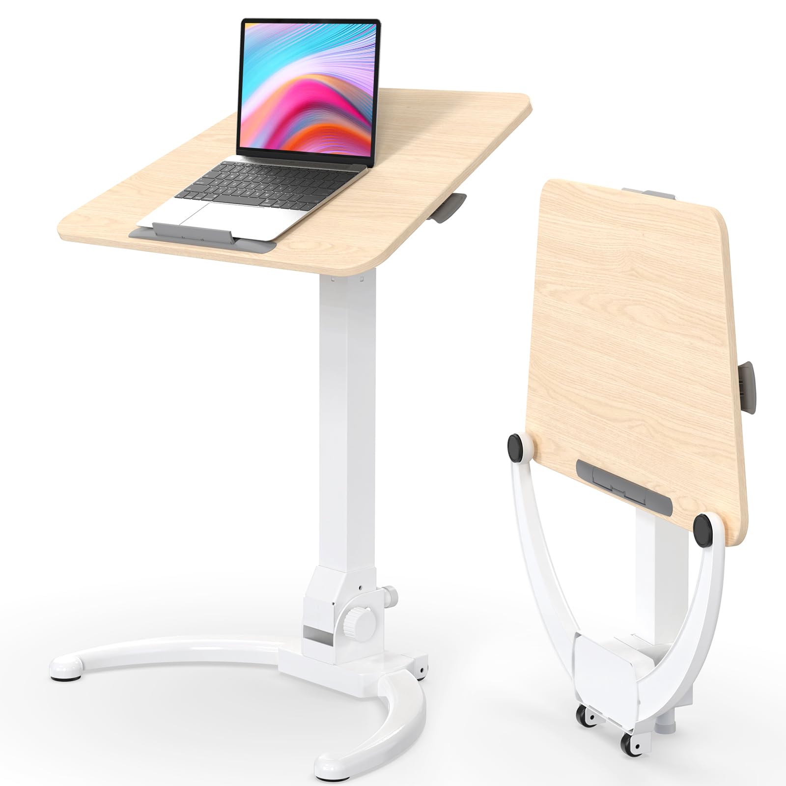 JOY worker Foldable Mobile Standing Desk, Height Adjustable Sit Stand Desk, 90° Tiltable Rolling Laptop Table, Portable Workstation with Non-Slip Mat for Home Office, Holds Up to 22lbs, Black