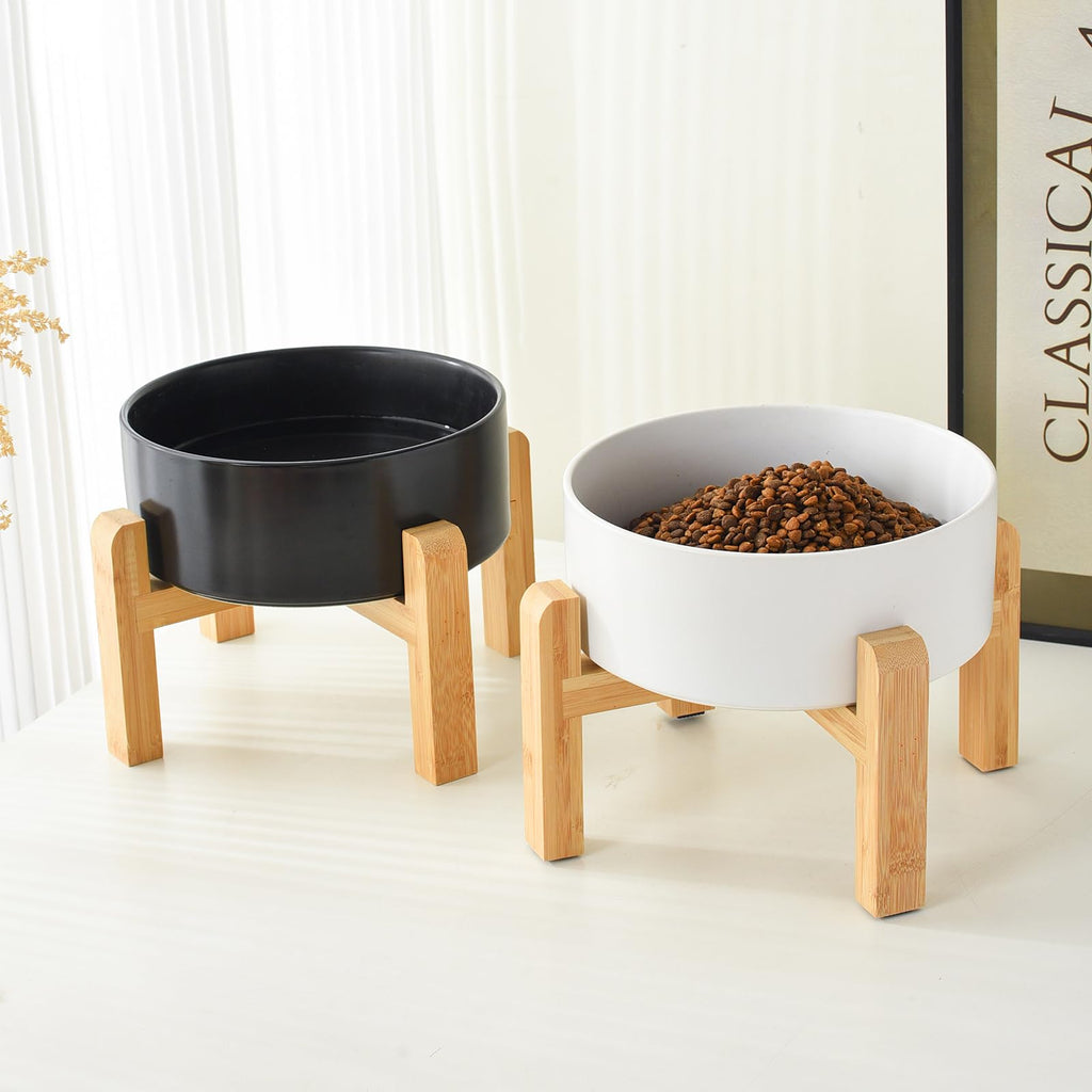 6'' Ceramic Raised Dog Bowl - 30Oz Dog Food & Water Bowl with Elevated Non-Slip Bamboo Stand, Dishwasher & Microwave Safe, Anti Vomiting Heavy Duty Pet Bowl for Small and Medium Dogs, Black