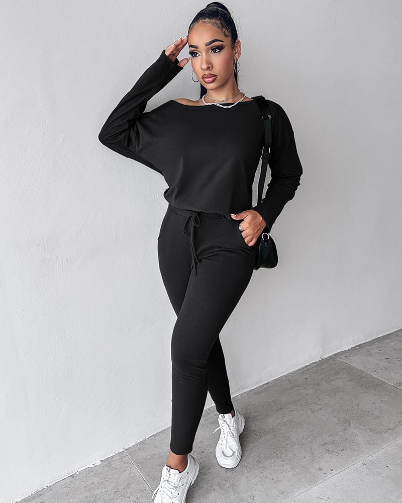 CHICME Women Tracksuit Fall 2 piece Outfits Off The Shoulder Long Sleeve Tops and Pants Set Travel Outfits