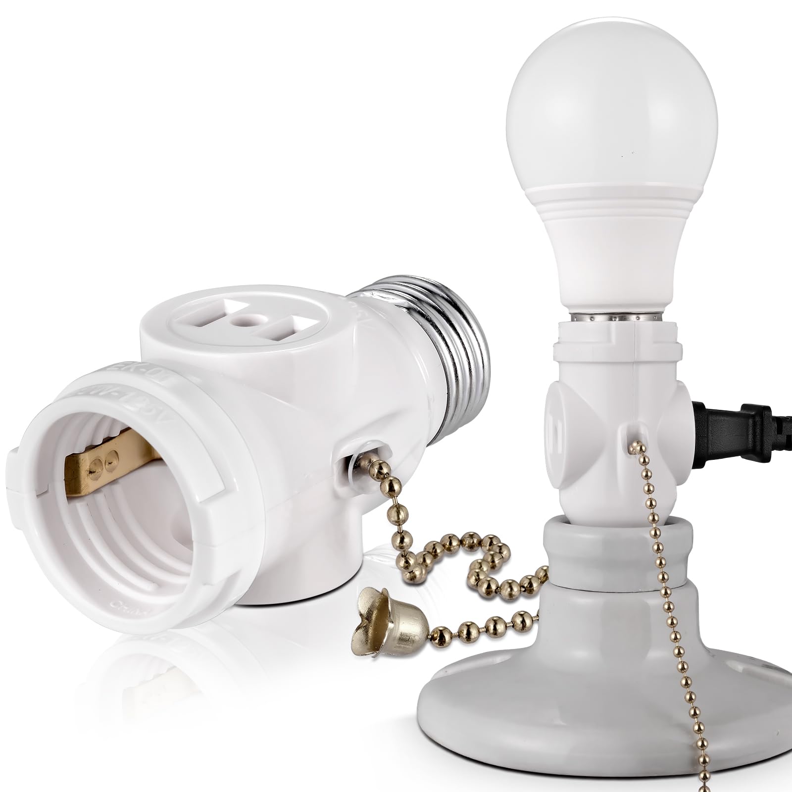 2-Pack E26 Light Socket Adapter - Converts Medium Screw Socket to Two Outlets With Pull Chain Switch - UL Listed, White