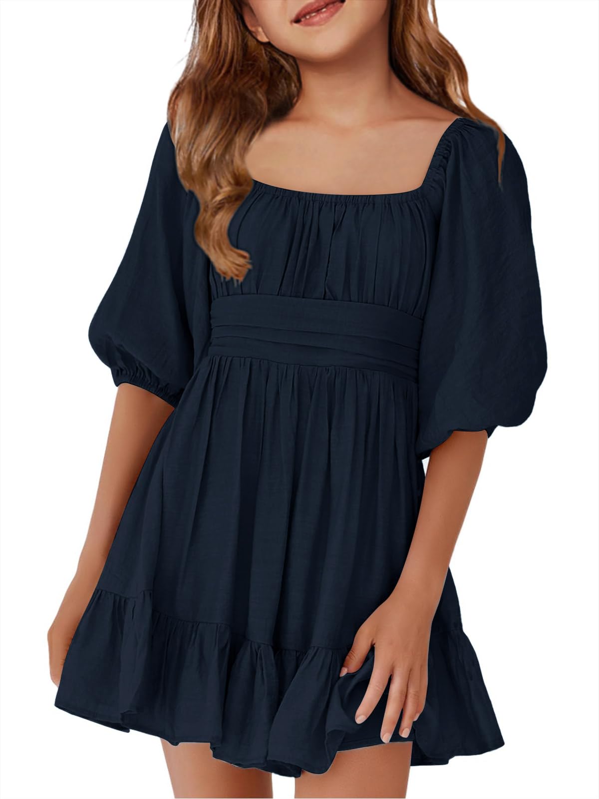 Girls Summer Dresses Square Neck Lantern Sleeve Tie Backless Ruffle A-Line Party Mini Dress