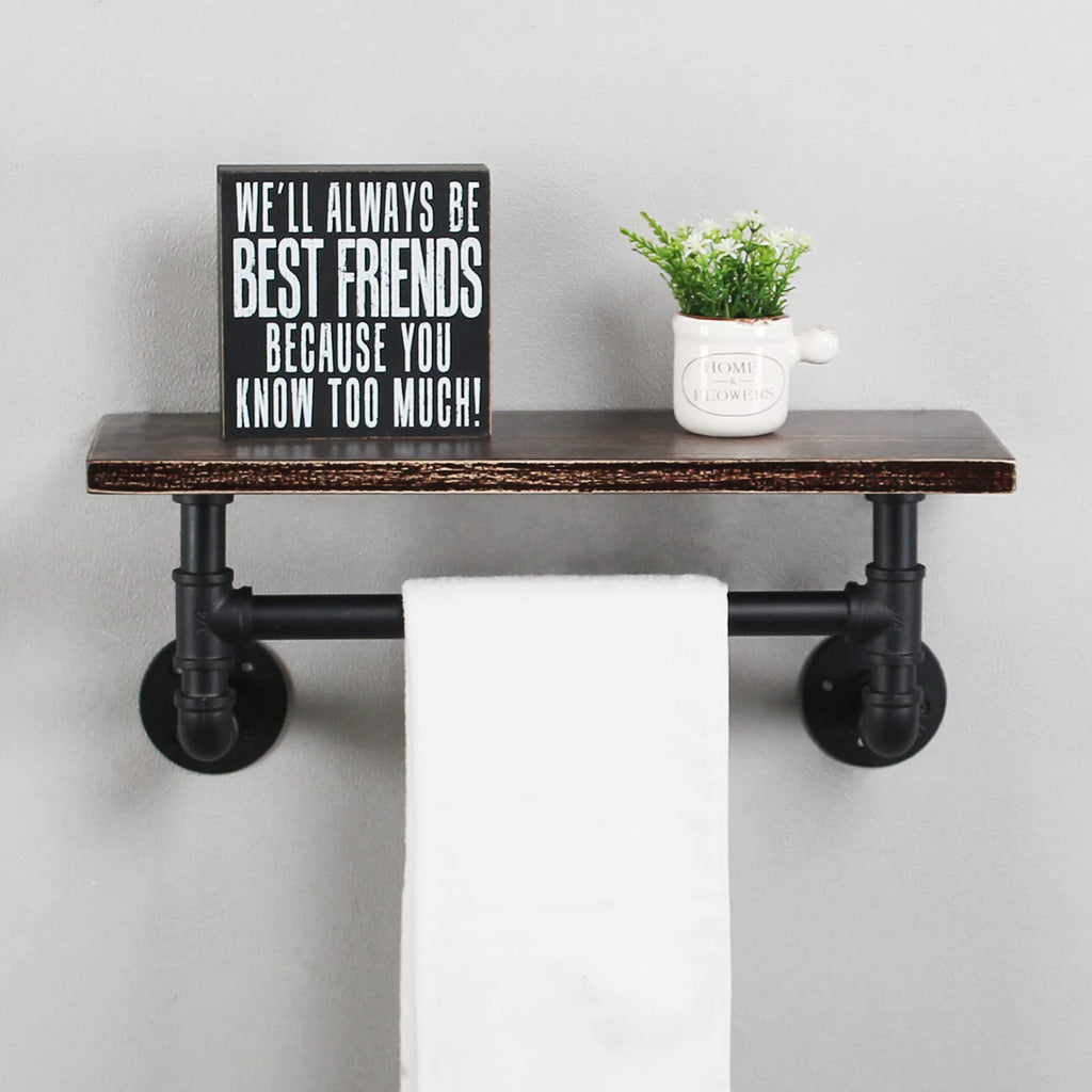 MBQQ Industrial Pipe Shelf Bathroom Shelves Wall Mounted,19.6in Rustic Wood Shelf with Towel Bar,1 Tier Farmhouse Towel Rack,Pipe Shelving Floating Shelves Towel Holder,Black & White