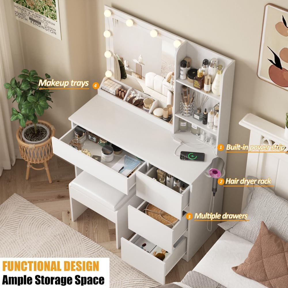 Vabches Makeup Vanity with Lights, 37inch Vanity Desk, 4 Large Drawers Dresser with Lighted Mirror, 3 Lighting Modes Brightness Adjustable, White