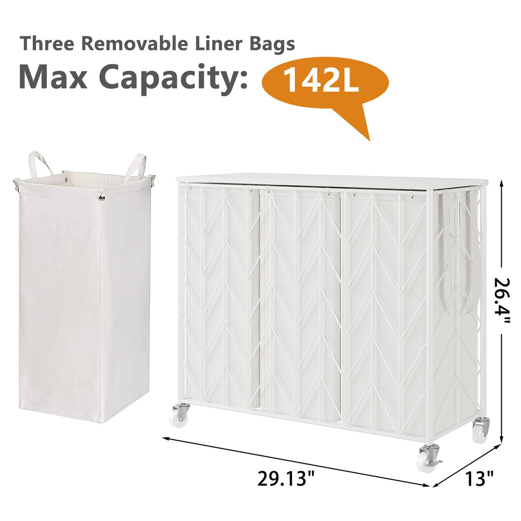 WOWLIVE Laundry Basket with Wheels, Heavy Duty Laundry Hamper with Wood Lid, Clothes Hamper with Divided Removable Liner Bag, Large Capacity Iron-Made Laundry Sorter Laundry Room Organization (Beige)