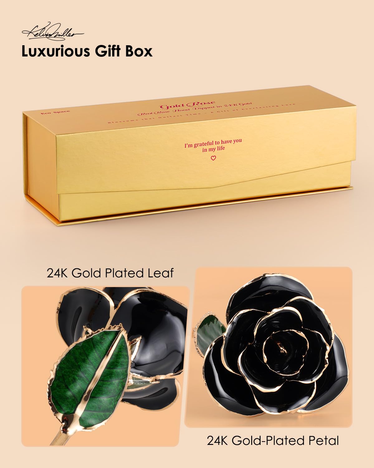24K Gold Dipped Real Rose – Handcrafted, Bold, One of a Kind – Romantic Gift for Her – Ideal for Birthday, Anniversary, Mother’s Day, Valentine’s (Black)