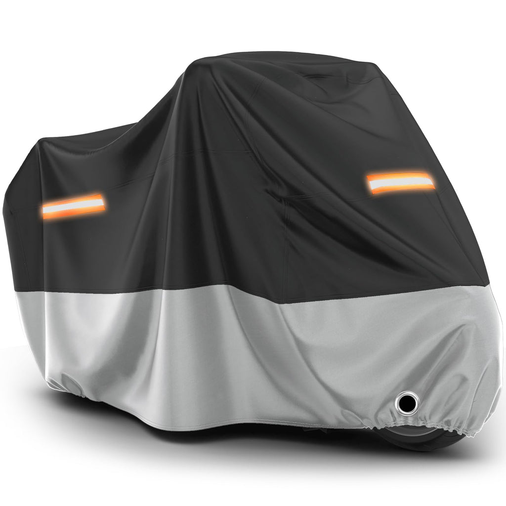 Favoto Motorcycle Cover Waterproof Outdoor All Weather Snow Rain Dust UV Protection Motorcycle Tarp with Lock-Holes ＆ Storage Bag Moped Cover with Night Reflective Strips Fits up to 86.6"