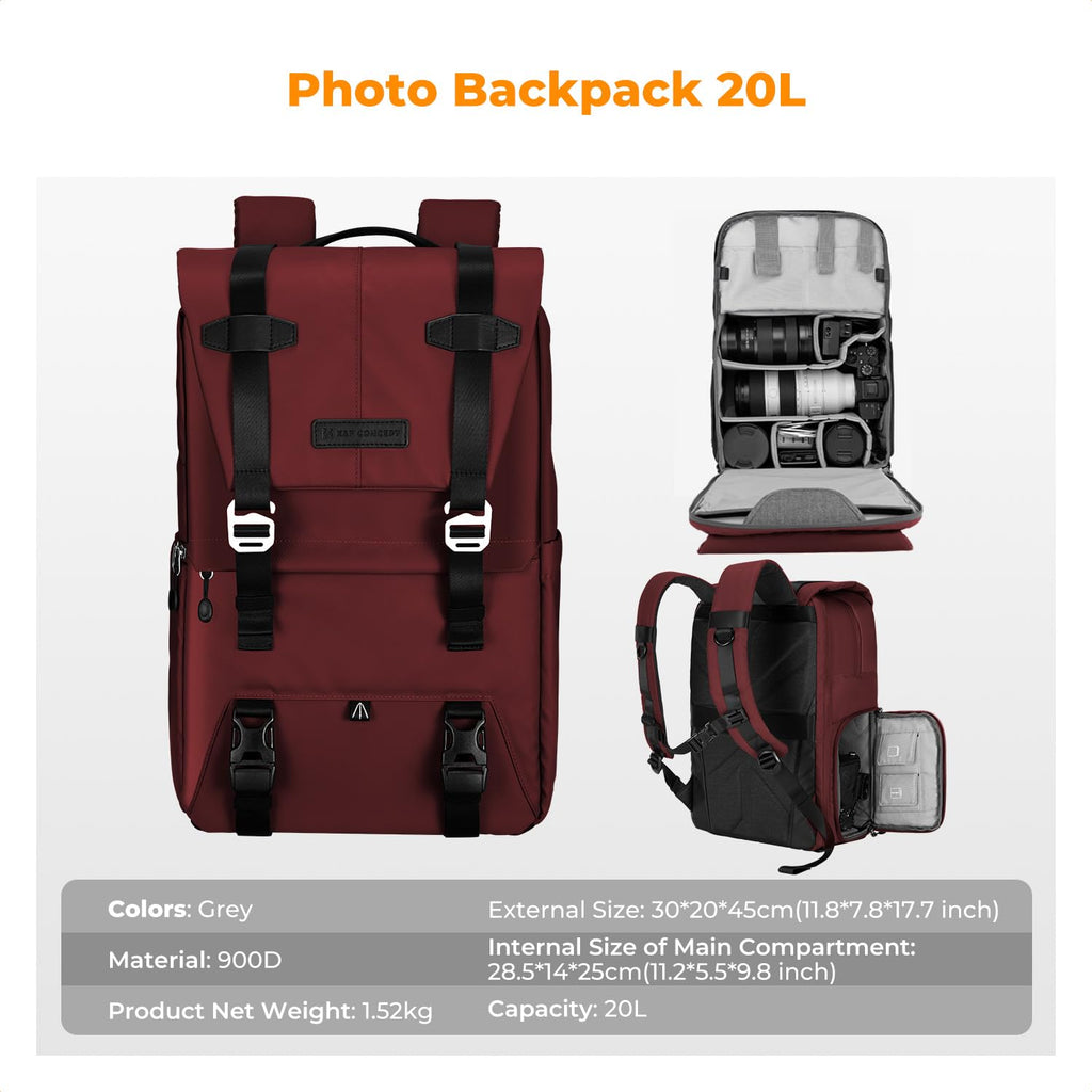 K&F CONCEPT Camera Backpack, Camera Bags for Photographers Dslr Cameras Compatible for Canon Nikon Sony DJI Mavic Drone, 20L Large Capacity Bag Cover 15.6 Inch Laptop Camera Cases with Raincover