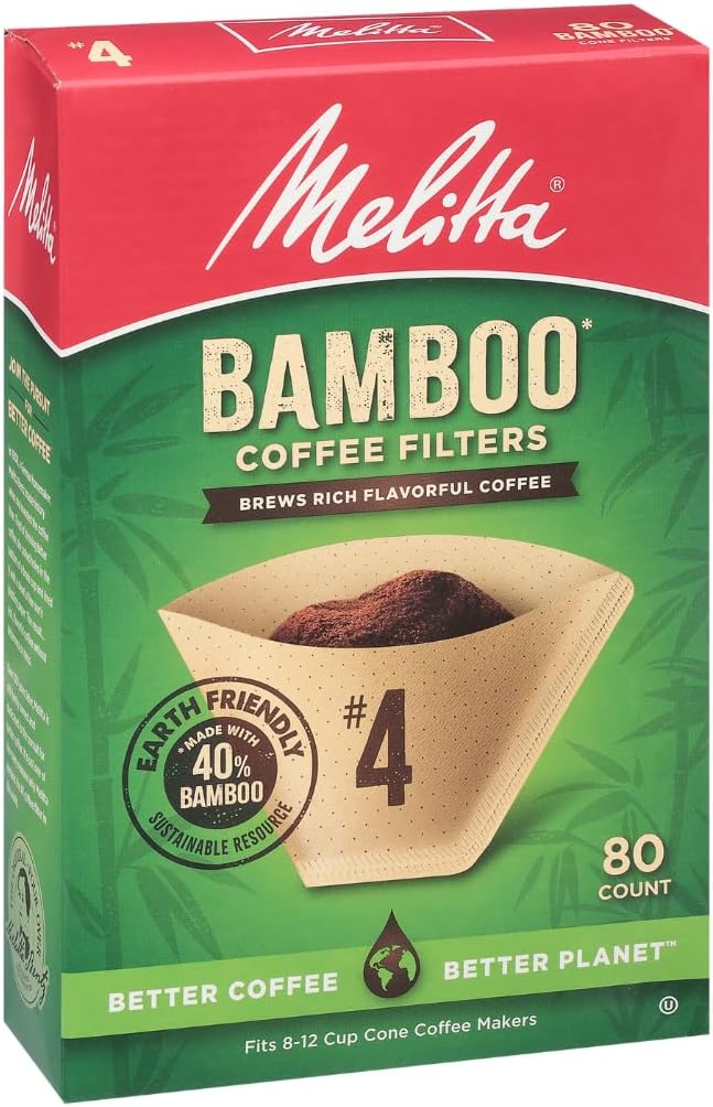 Melitta #4 Cone Coffee Filters, Bamboo, 80 Count (Pack Of 6), 480 Total Filters - Fits all 8-12 Cup Cone Coffee Makers and Pour-Overs, Compostable, Tear-Resistant, Made in USA
