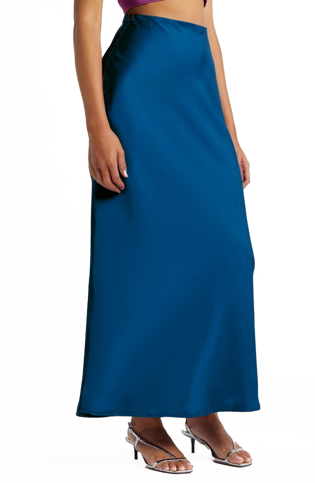 Women's Solid Satin High Waist Midi Long Skirt Hidden Elastic Waistband Skirt for Women-Made in USA