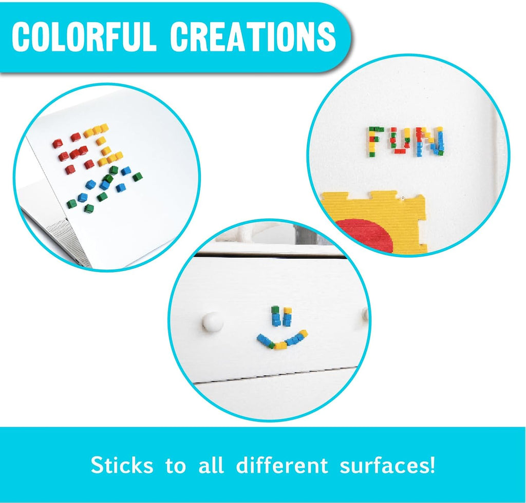 KOMARC GAMES StickiKubes - Mini STEM Building Blocks that Stick to Anything - 125 Non Toxic Sensory Stacking Cubes in 4 Colors