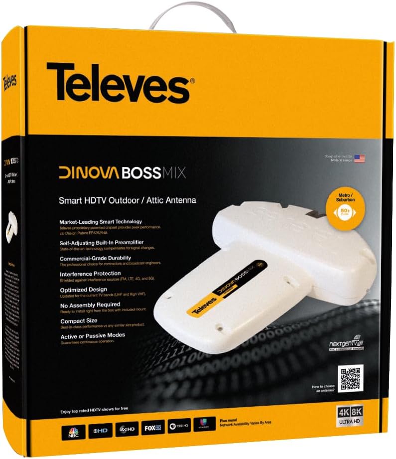 Televes DiNova Boss Mix 144286 Attic/Outdoor HDTV Antenna – Smart UHF/VHF TV Antenna with Built-in Signal Amplification and FM/LTE/4G/5G Filtering, up to 50 Mile Range – Made in Spain