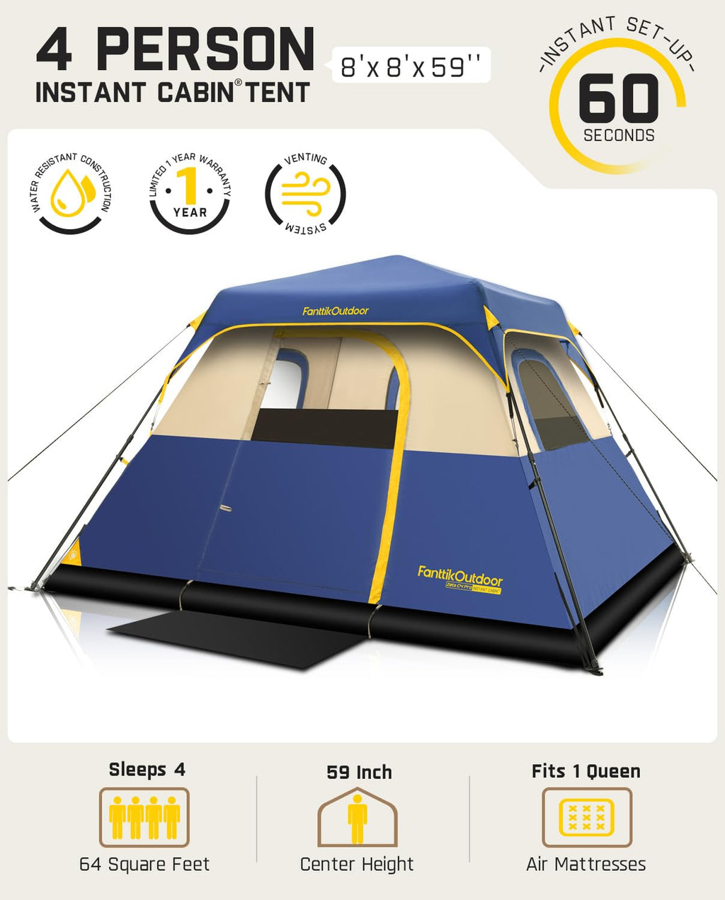 FanttikOutdoor Camping Tent 4/6/8/10 Person Instant Cabin Tent Setup in 60 Seconds with Rainfly & Windproof Portable with Carry Bag for Family Camping & Hiking, Upgraded Ventilation, Navy Blue