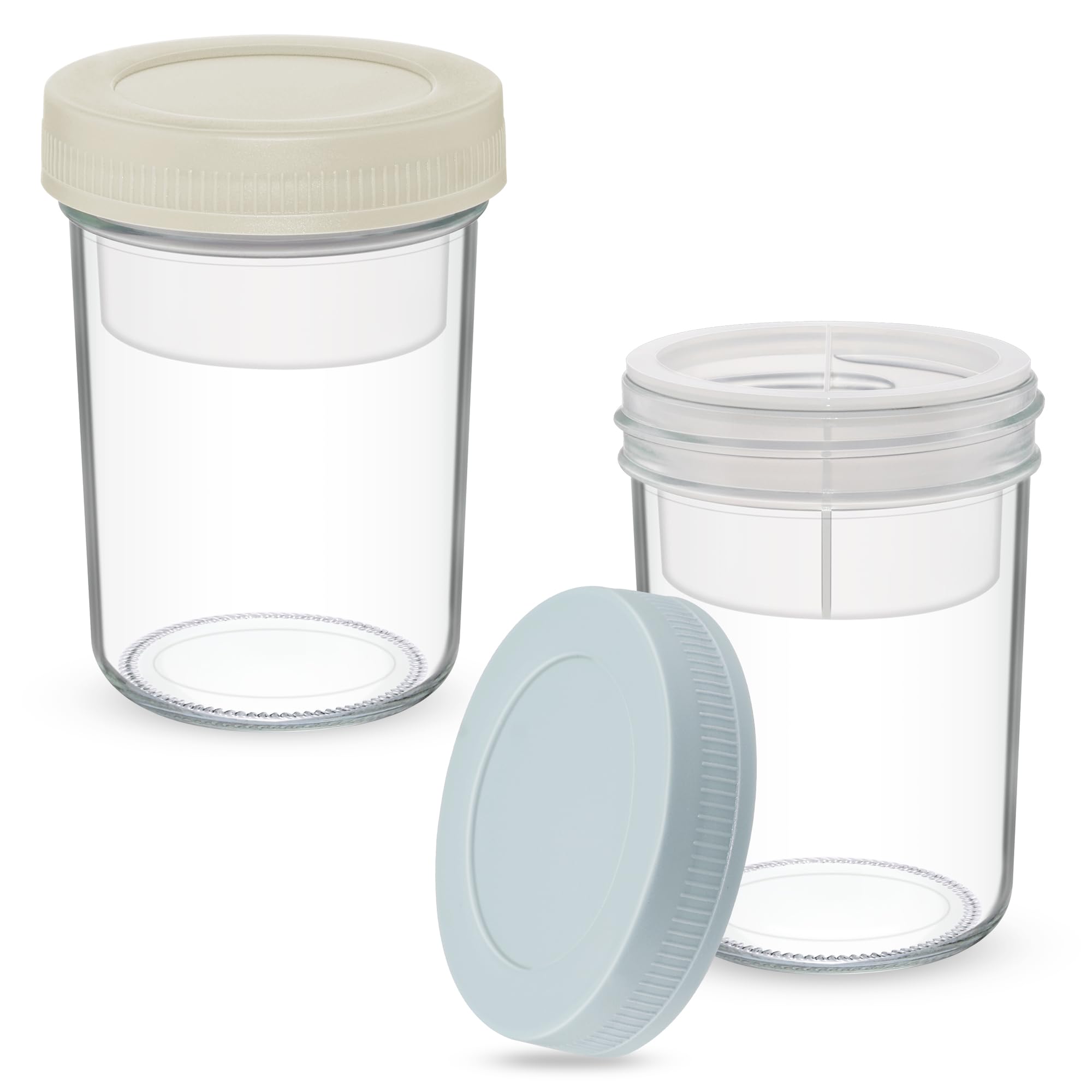 Xyptorix 16 oz Overnight Oats Containers with Airtight Lids - 2-Pack Leak-Proof Wide Mouth Mason Jars & Divided Cups for Dried and Wet Foods, Glass Jars for Chia Pudding, Salad, Snacks, and Yogurt