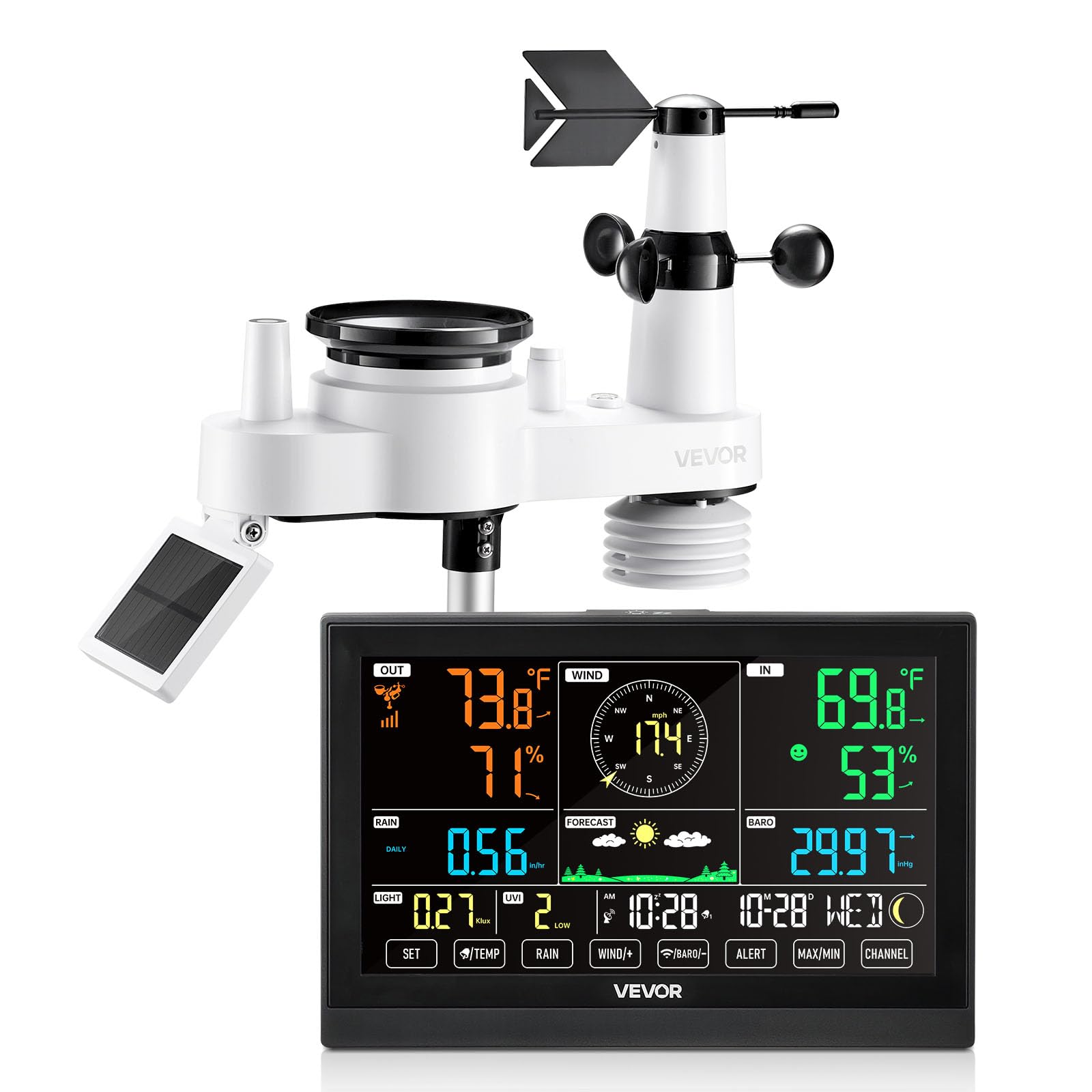 VEVOR 5-in-1 Wireless Weather Station, 7.5-Inch VA Display, Solar Powered Outdoor Sensor, Rain Gauge, Indoor Outdoor for Weather Forecast, Temperature, Humidity, Wind Speed and Direction (No WiFi)